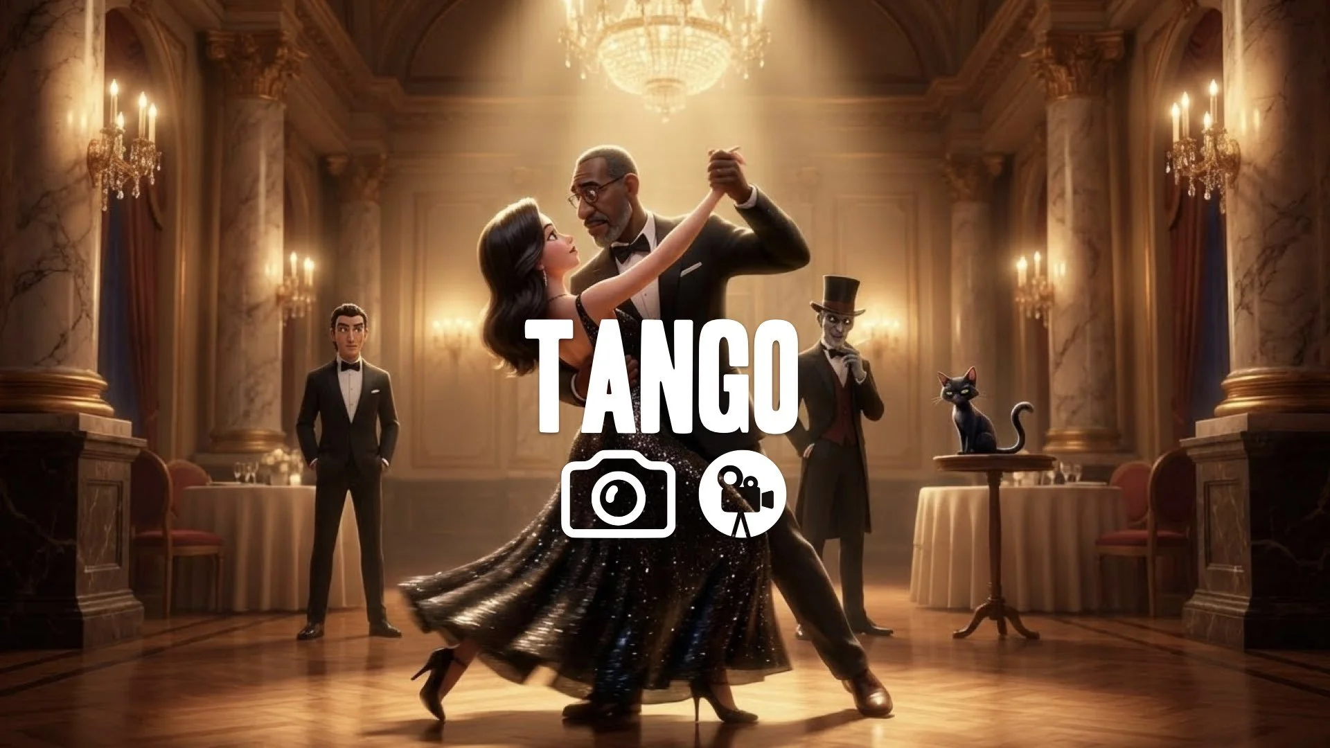 1. Tango dance warm spotlight motion blur elegant dress sparkles ballroom atmosphere no music
