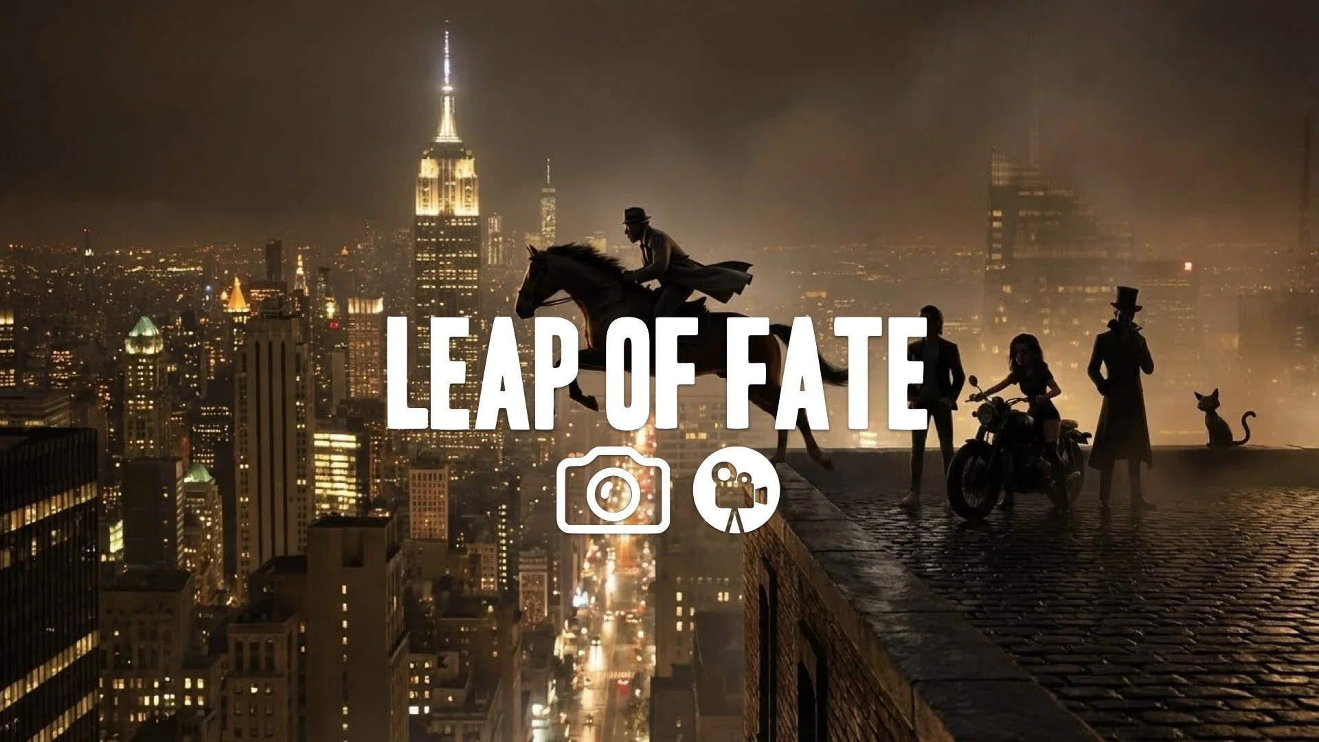 1. Horse jumping skyscraper roof night city lights silhouette cinematic slow motion action no music