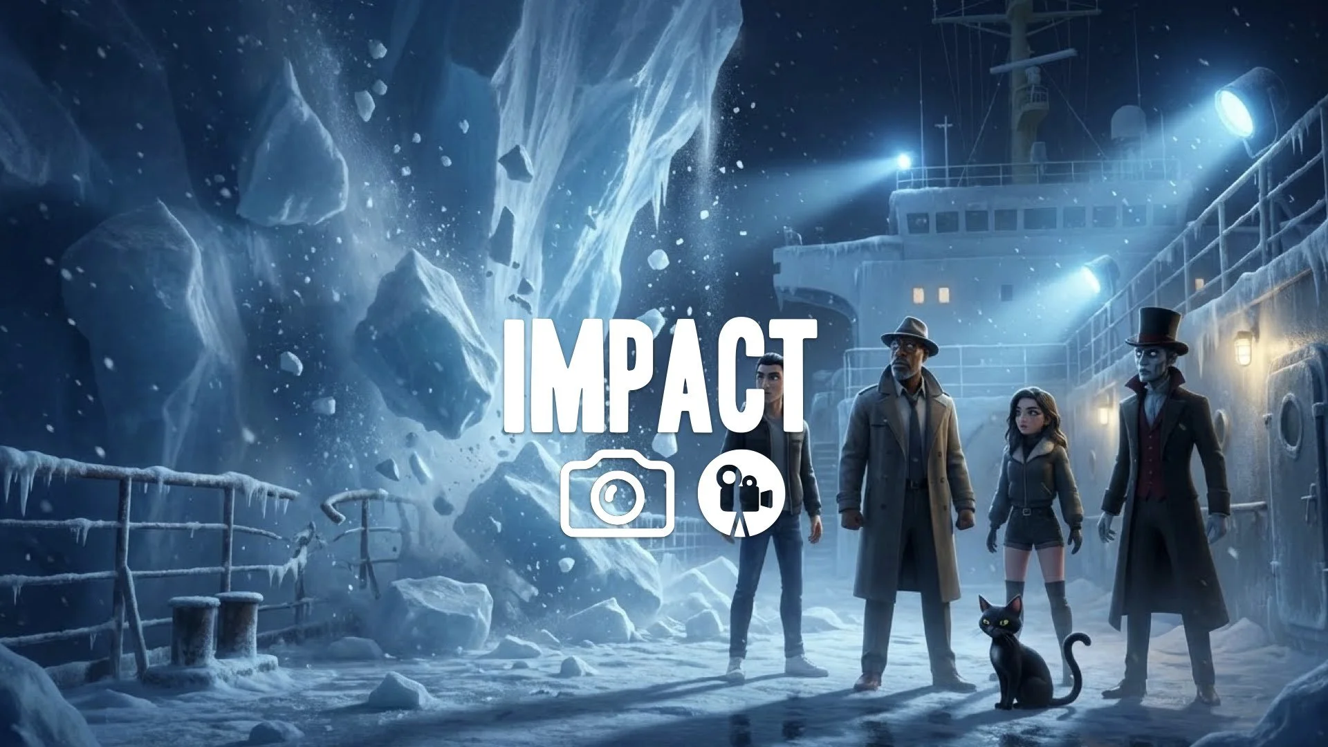 1. Iceberg scraping hull ice chunks falling deck night cold blue lighting disaster no music