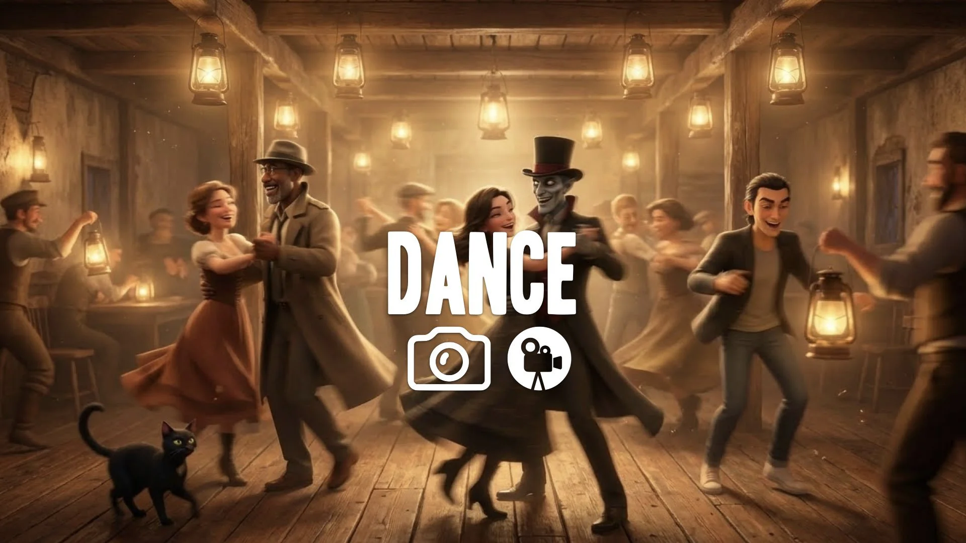 1. Third class party spinning dance motion blur warm lantern light joy rustic texture no music