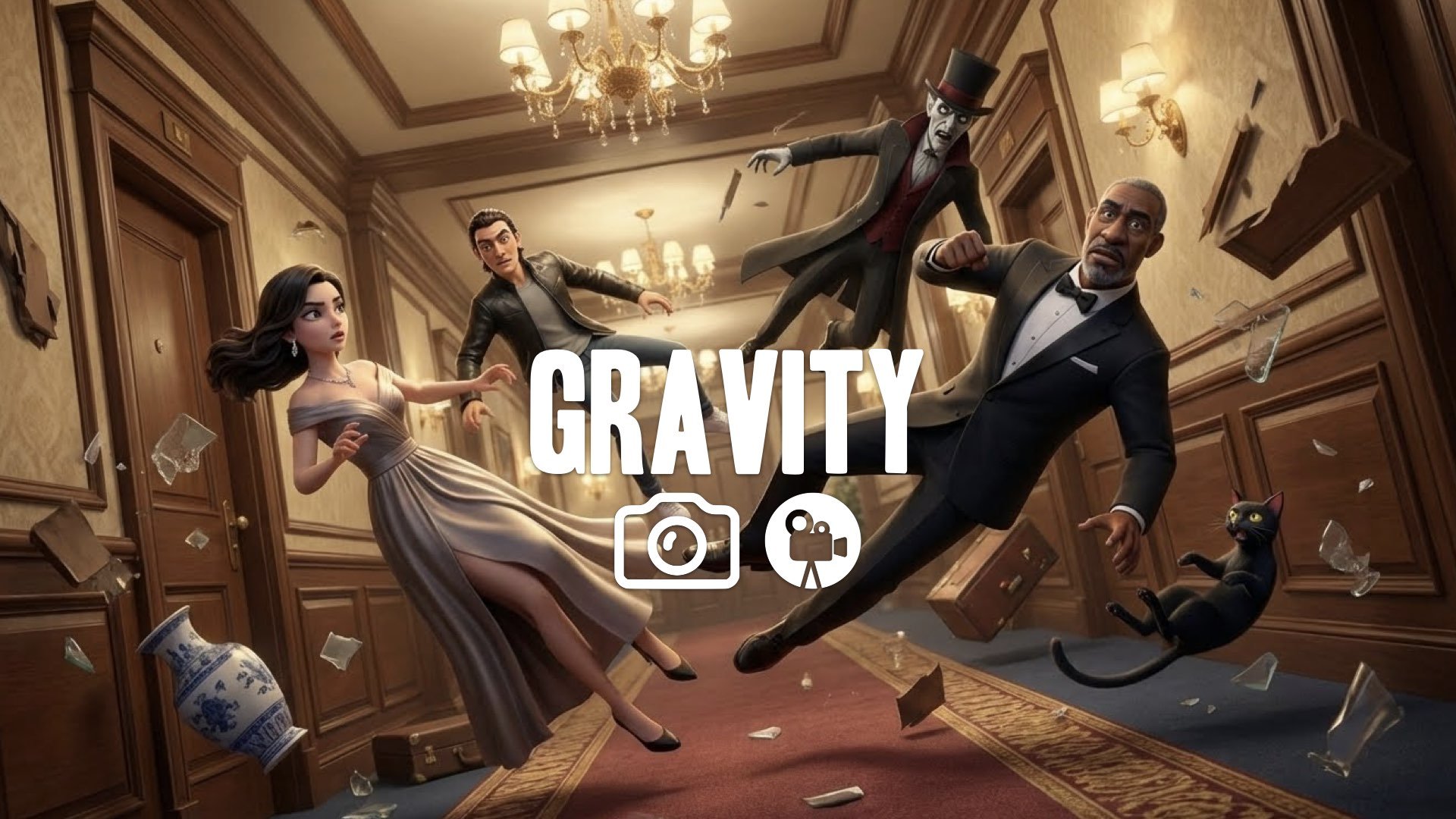 * Zero gravity hallway fight floating bodies elegant suit hotel corridor debris flying no music