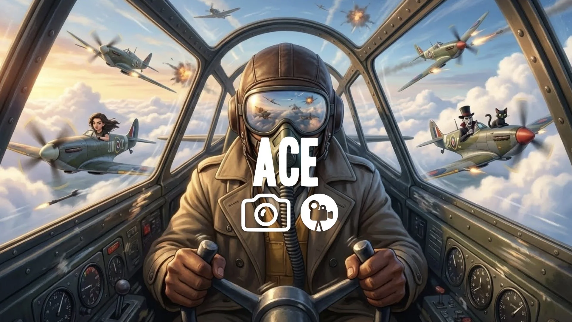 1. Pilot helmet visor, clouds dogfight cockpit dials shaking intense action no music