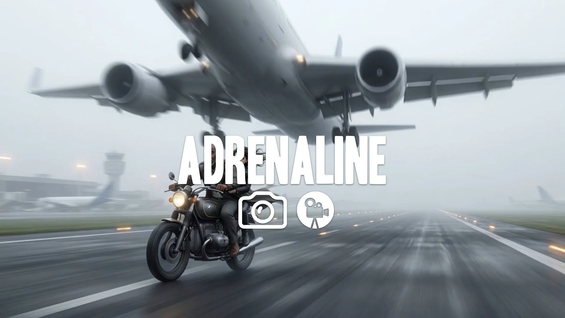 1. Motorcycle riding alongside runway jet taking off speed blur leather jacket wind no music