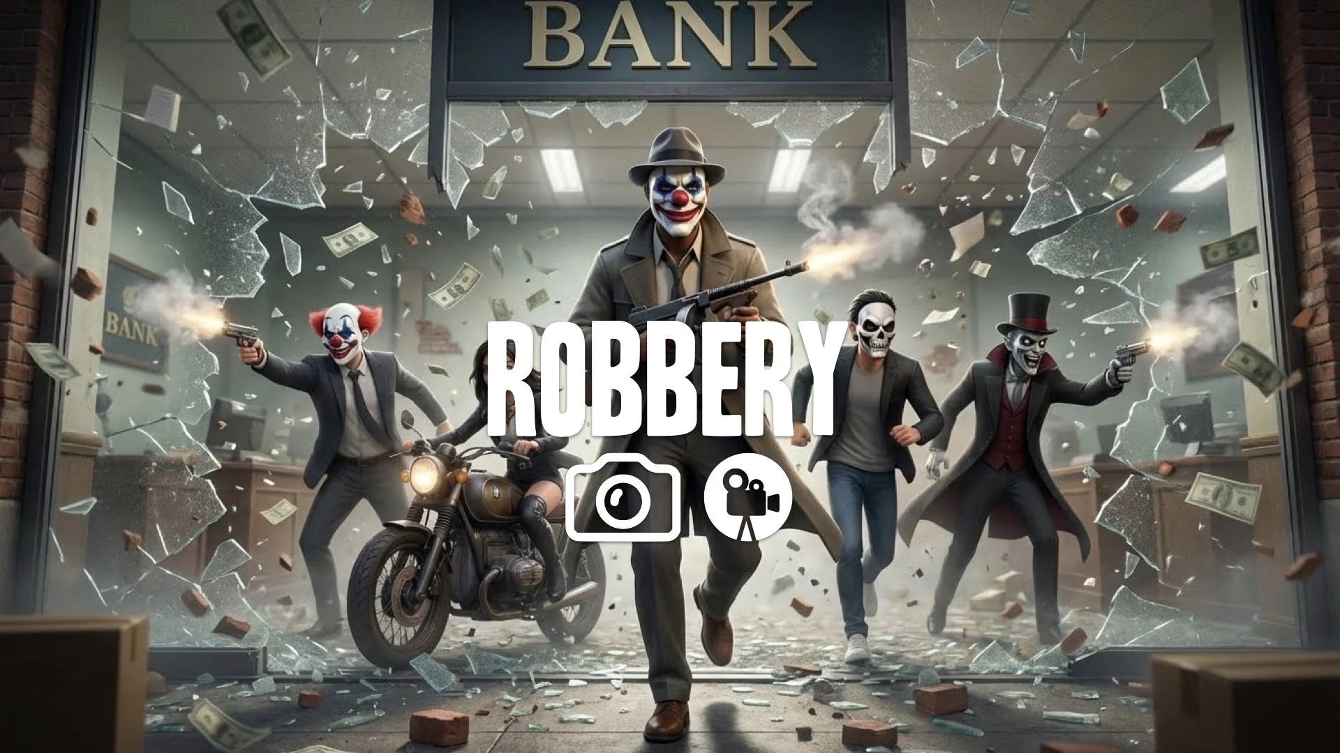 1. Bank robbery heist suit masks breaking glass slow motion gun smoke debris flying chaos no music