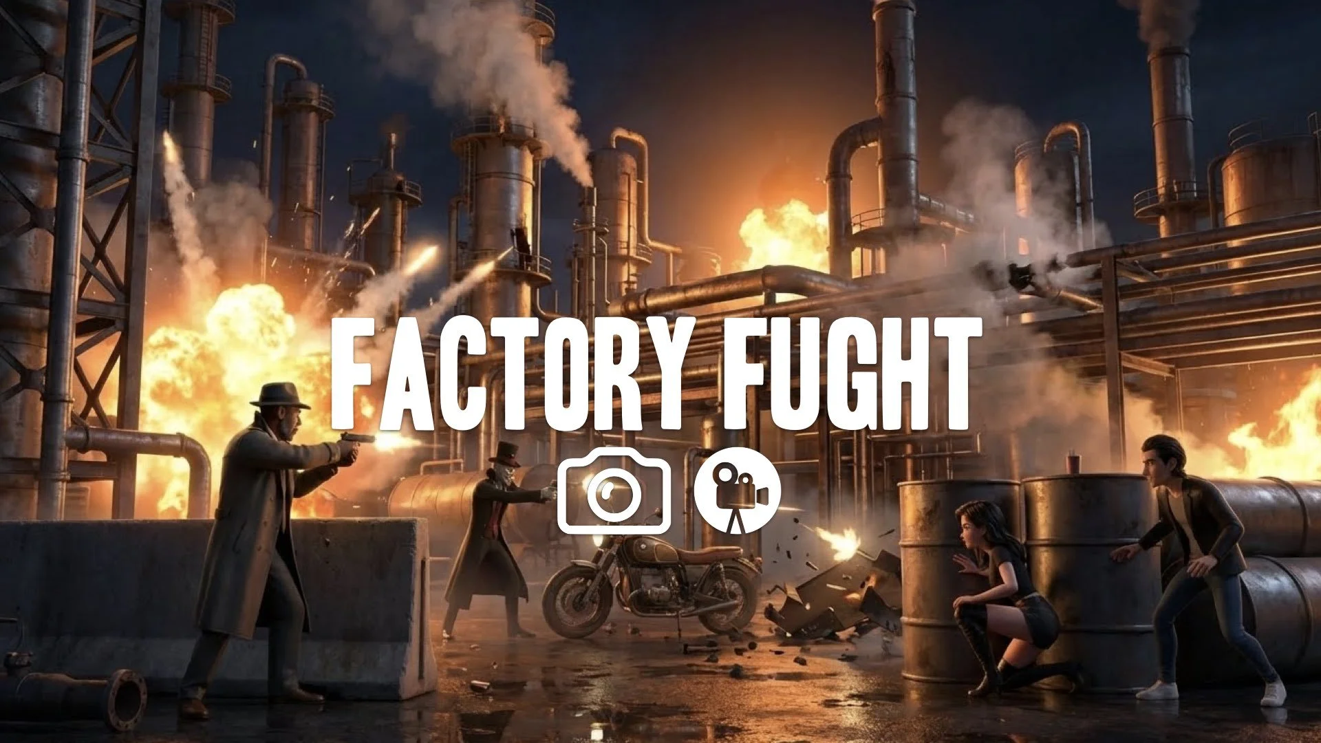 1. Oil refinery shootout night industrial pipes steam escaping fire explosions orange glow no music