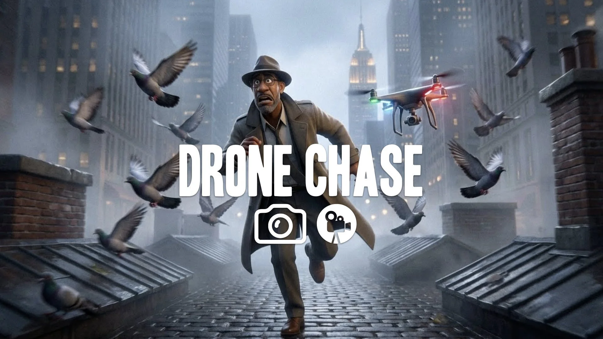 1. Hero running rooftops panic birds flying camera drone chasing motion blur shaky cam no music