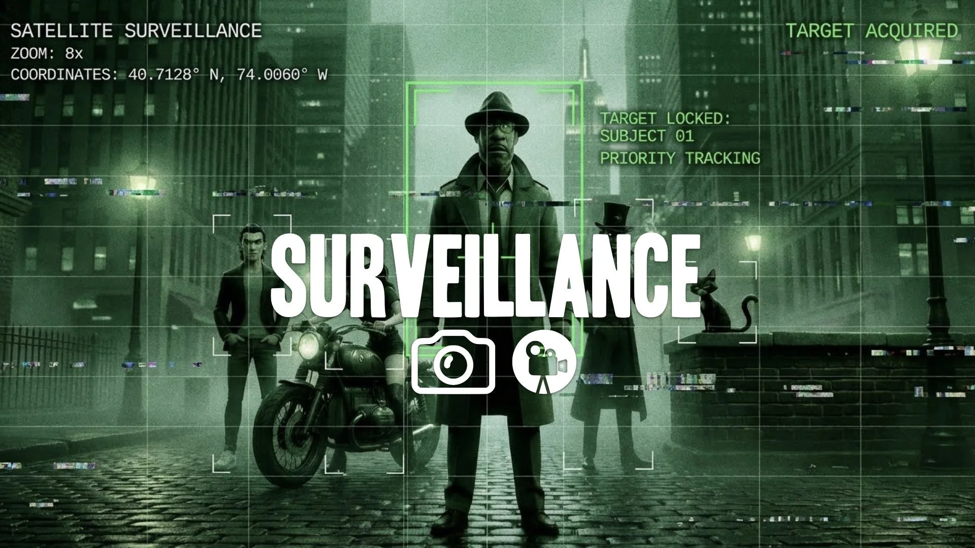 1. Satellite surveillance view city grid zooming in locking target digital overlay green tint glitch no music