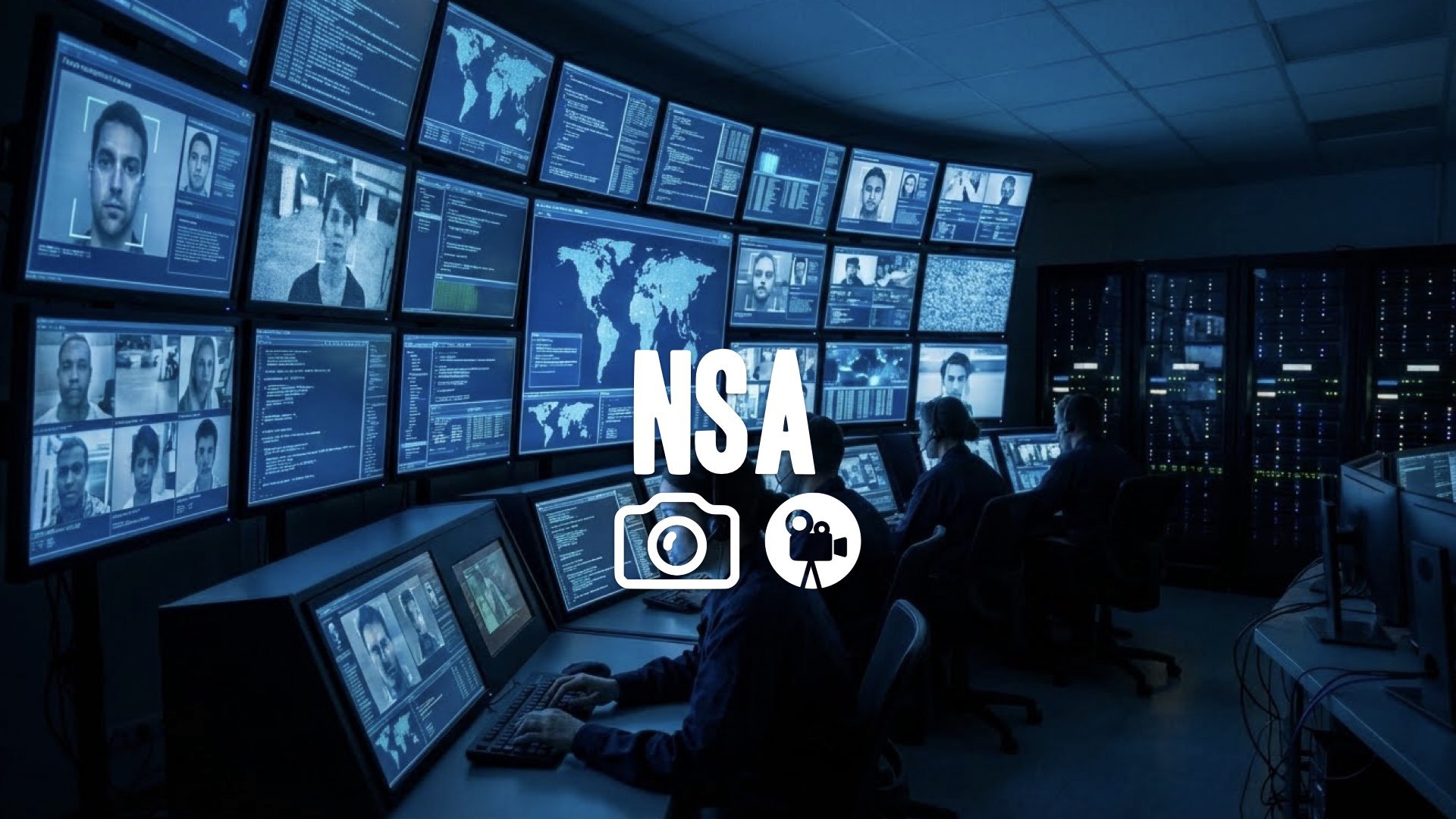 1. NSA control room wall of screens flickering data faces scanning blue light tech atmosphere no music