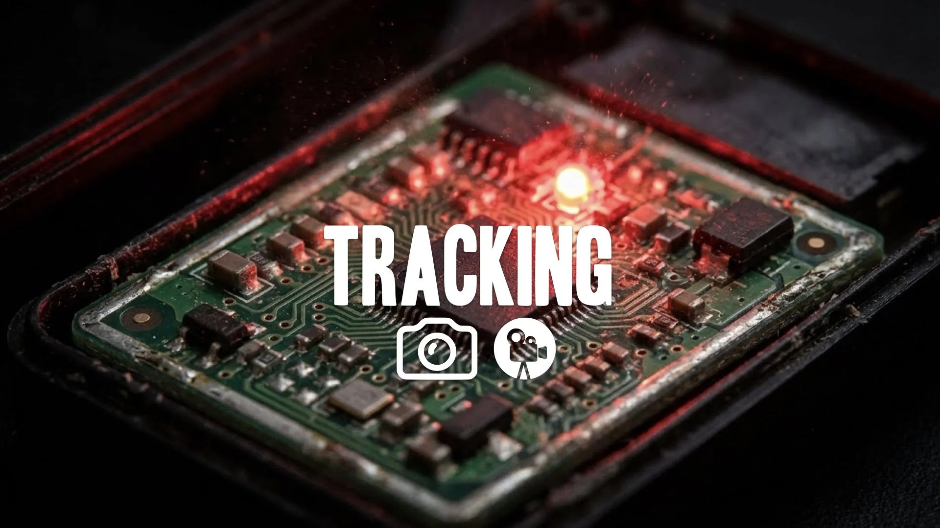 1. Spy gadget macro chip circuit board glowing red blinking light dust particles tension no music