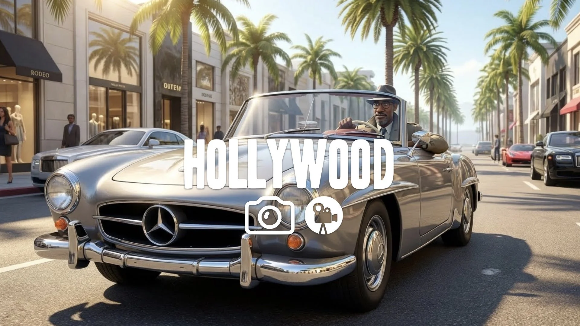 1. Hero driving convertible rodeo drive palm trees sunny reflection chrome bumper cool vibe no music