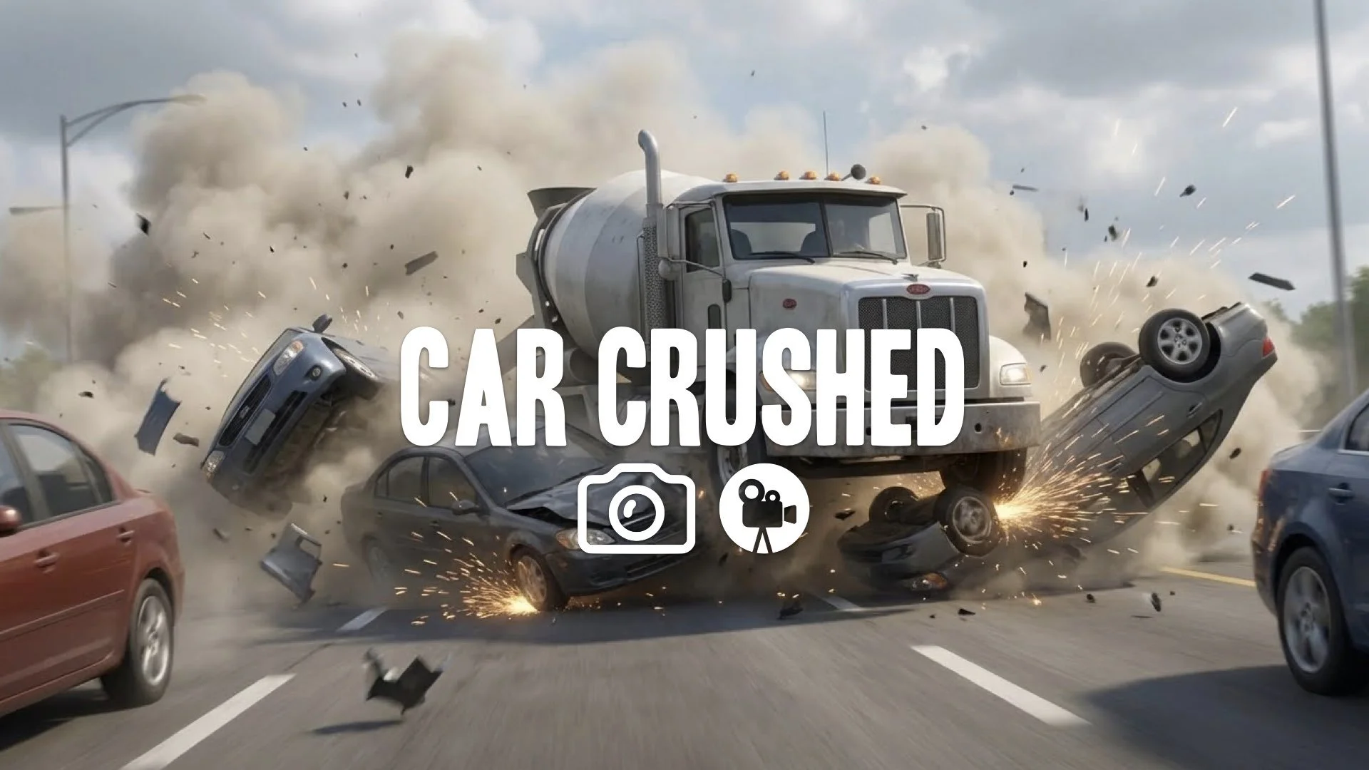 1. Cement truck chase crashing cars destruction dust cloud highway sparks flying action no music
