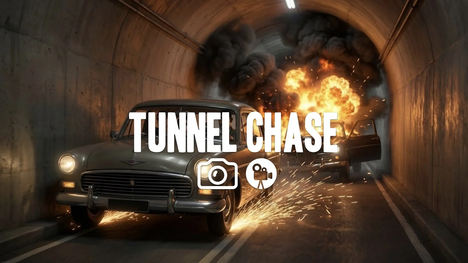 1. Tunnel chase car sparks scraping concrete explosive collision fireball smoke claustrophobic no music