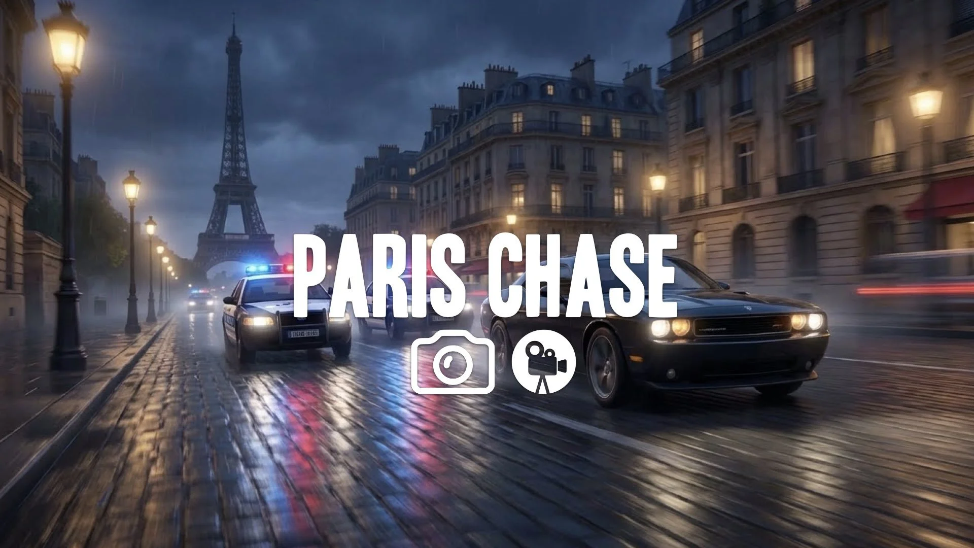 Car chase Paris streets police lights reflection wet asphalt cobblestones motion blur no music