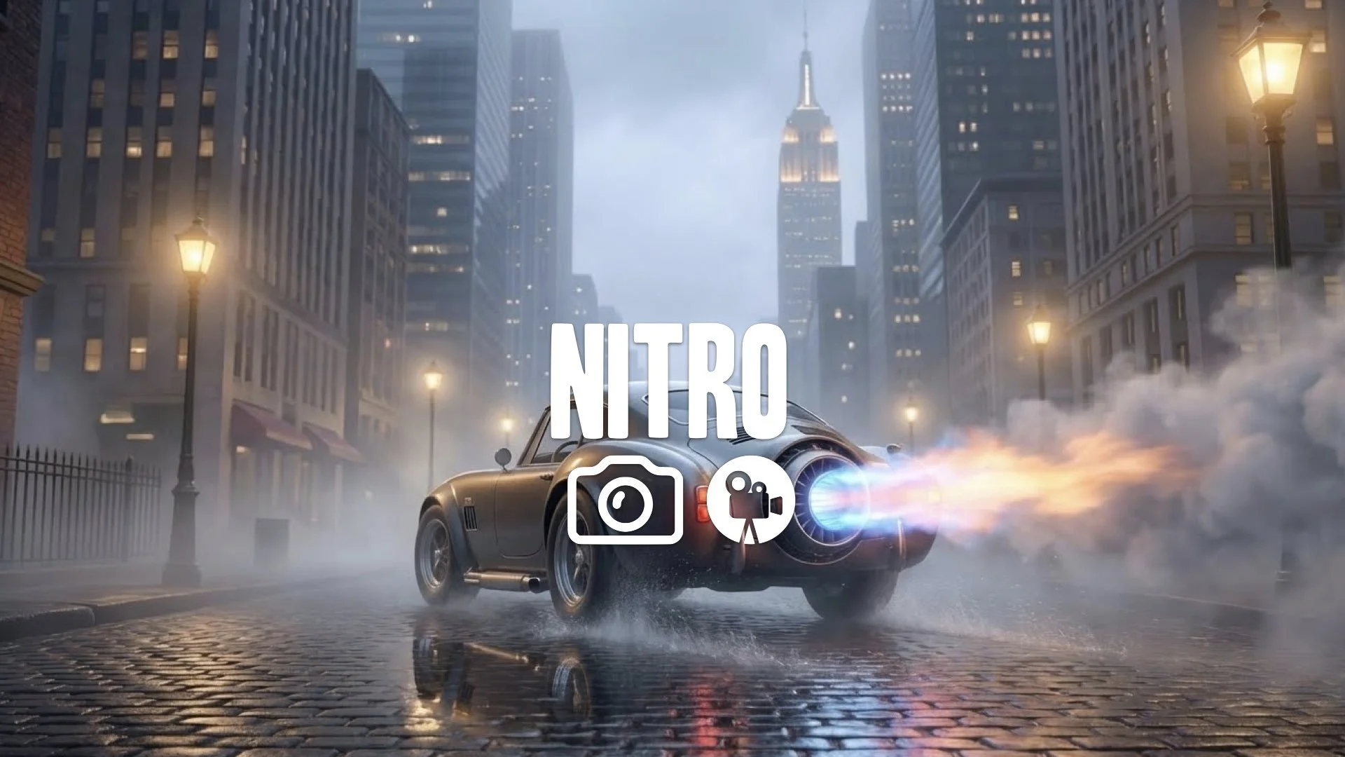 1. Car turbine flame exhaust speeding street wet pavement reflection steam noir style no music