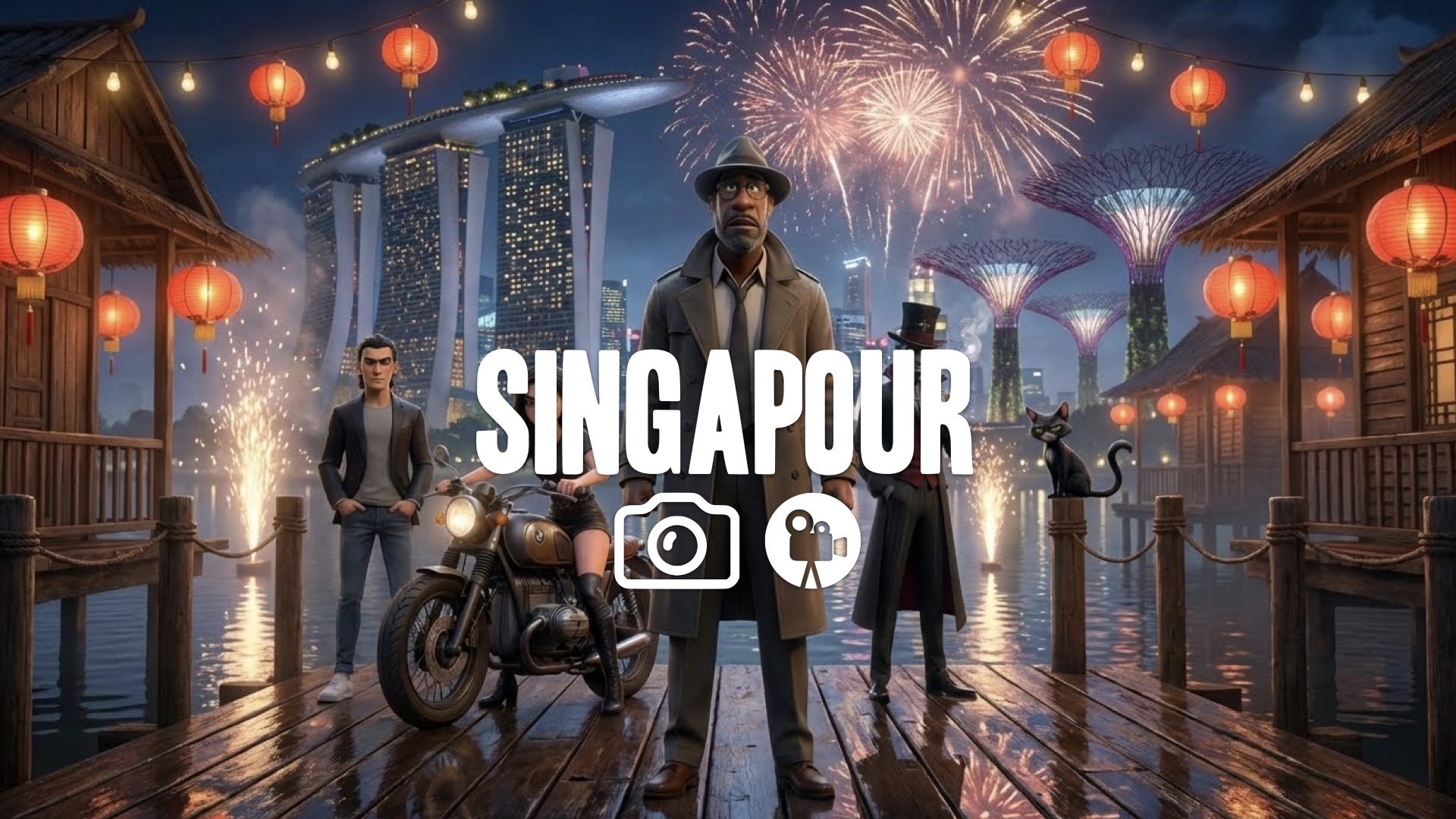 1. Singapore fireworks night wooden huts reflection water sparks asian lantern atmosphere no music