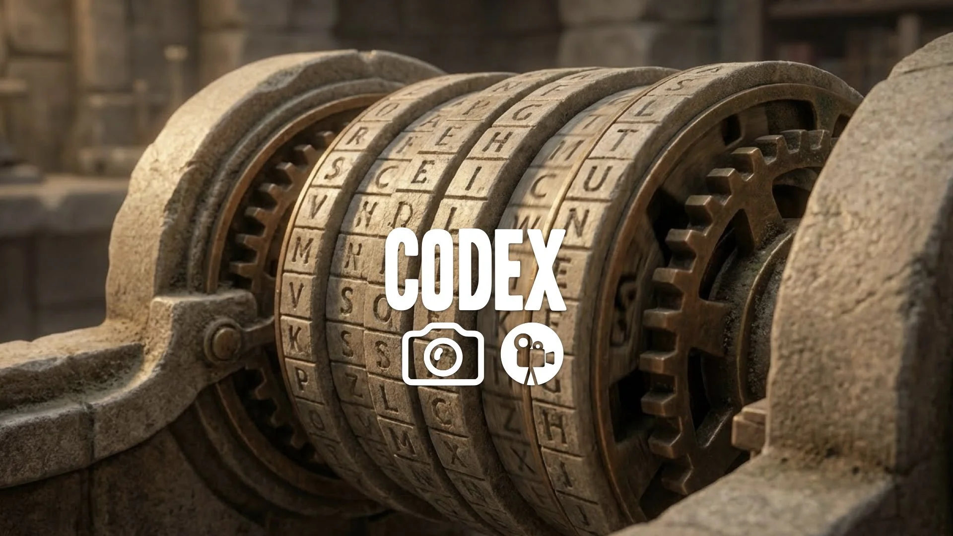 Cryptex stone cylinder rotating rings letters aligning puzzle mechanism close up no music