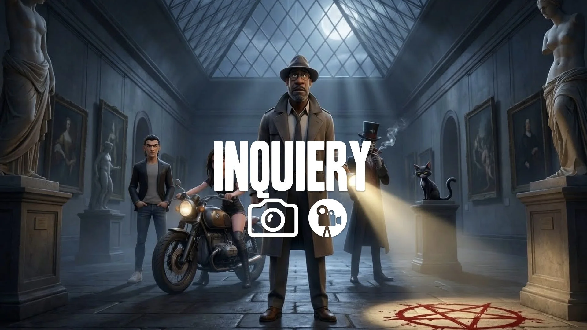 1. Louvre museum night flashlight beam revealing blood symbol on floor eerie atmosphere no music