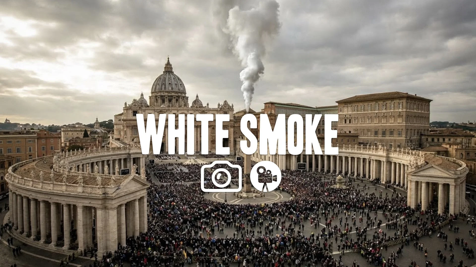 1. Vatican square crowd smoke rising white smoke chimney aerial view architecture dramatic no music