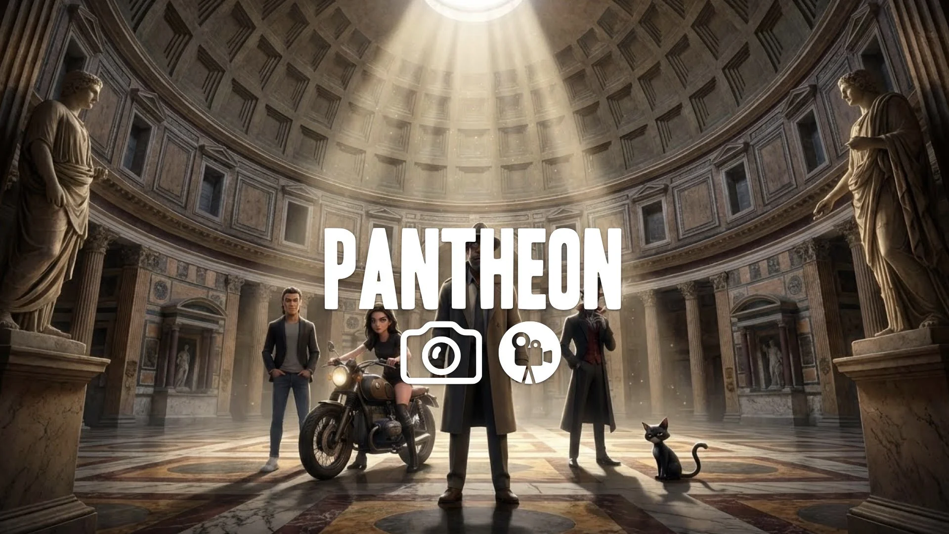 1. Pantheon interior light shaft dust motes statue marble texture mystery thriller atmosphere no music