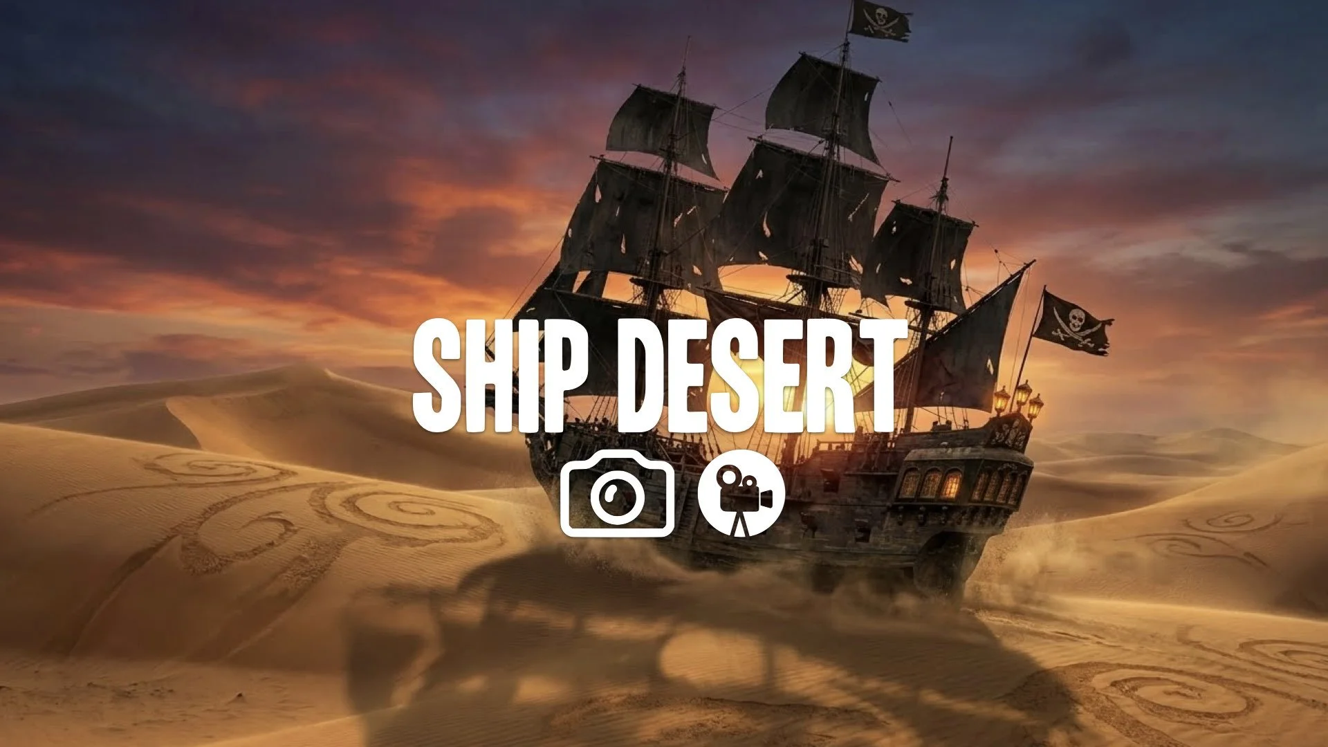 1. Black Pearl sailing over dunes desert sand surreal ship surreal dreamscape sunset wide shot no music