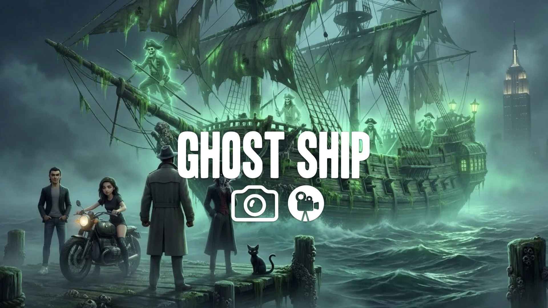 1. Flying Dutchman ship emerging from ocean green glow ghosts crew barnacles mist no music