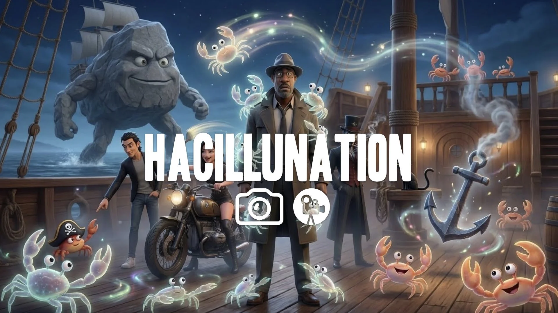 1. Captain multiple hallucinations crabs moving rock ship crew funny surreal motion no music