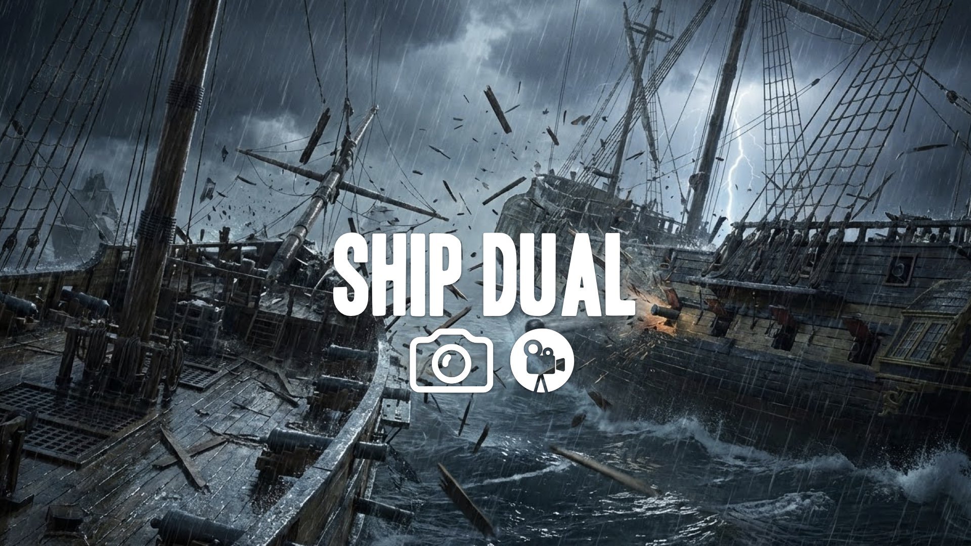 1. Cannon battle wood splintering debris flying slow motion rain storm epic scale wet texture no music