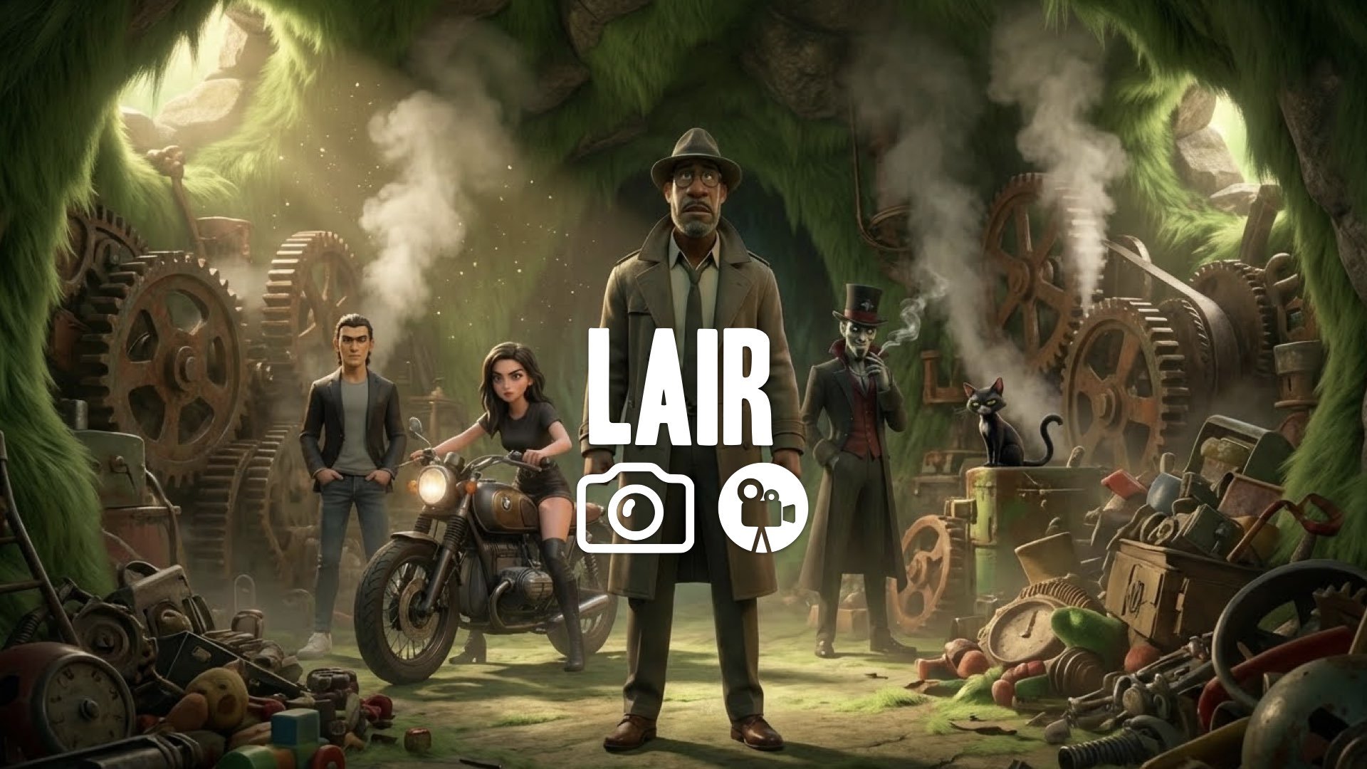 1. Grinch cave messy garbage mechanics gears turning steamy green fur texture dust lighting no music