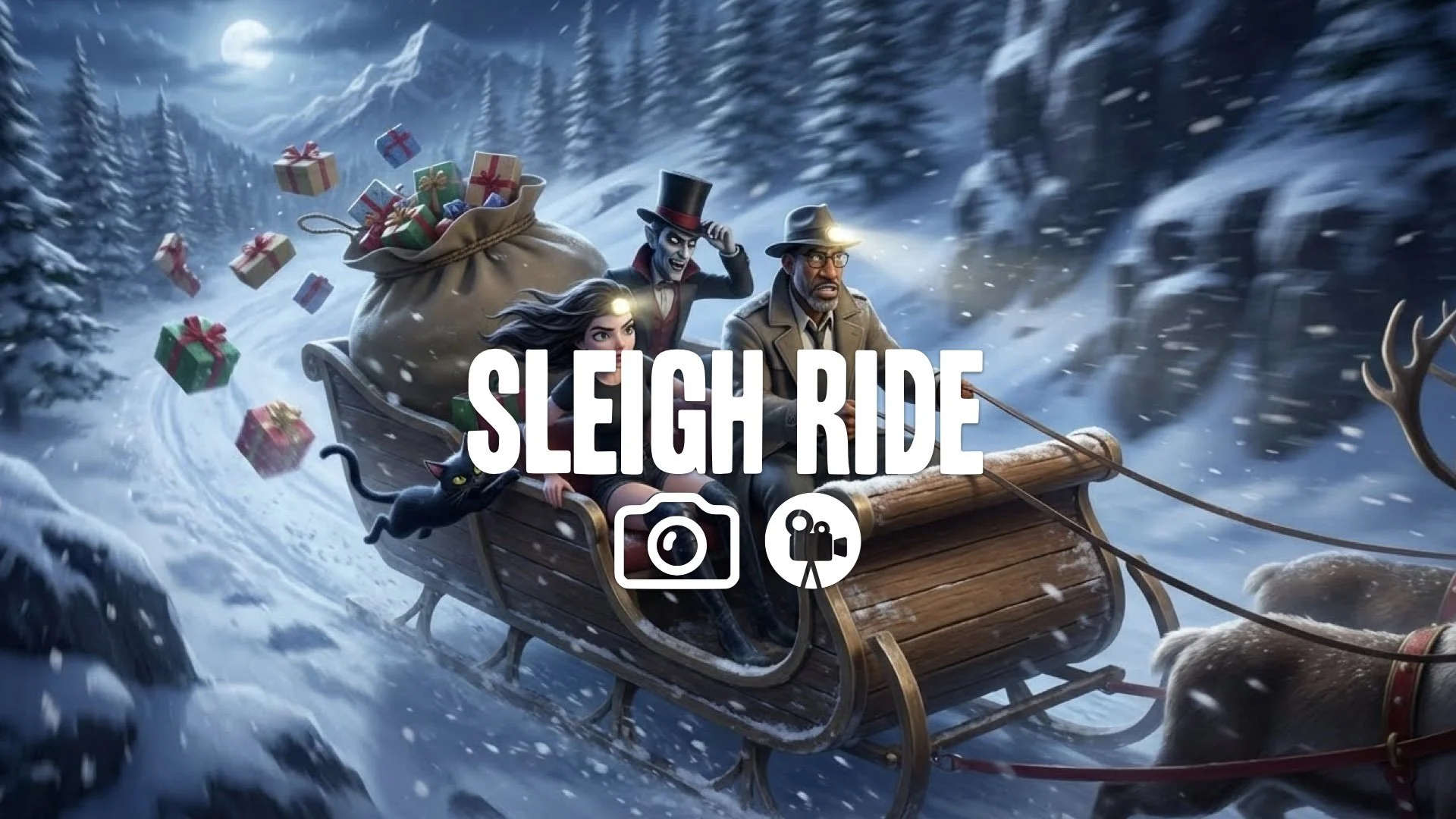 1. Sleigh ride steep mountain snow flying speed blur presents falling bag wind chill no music