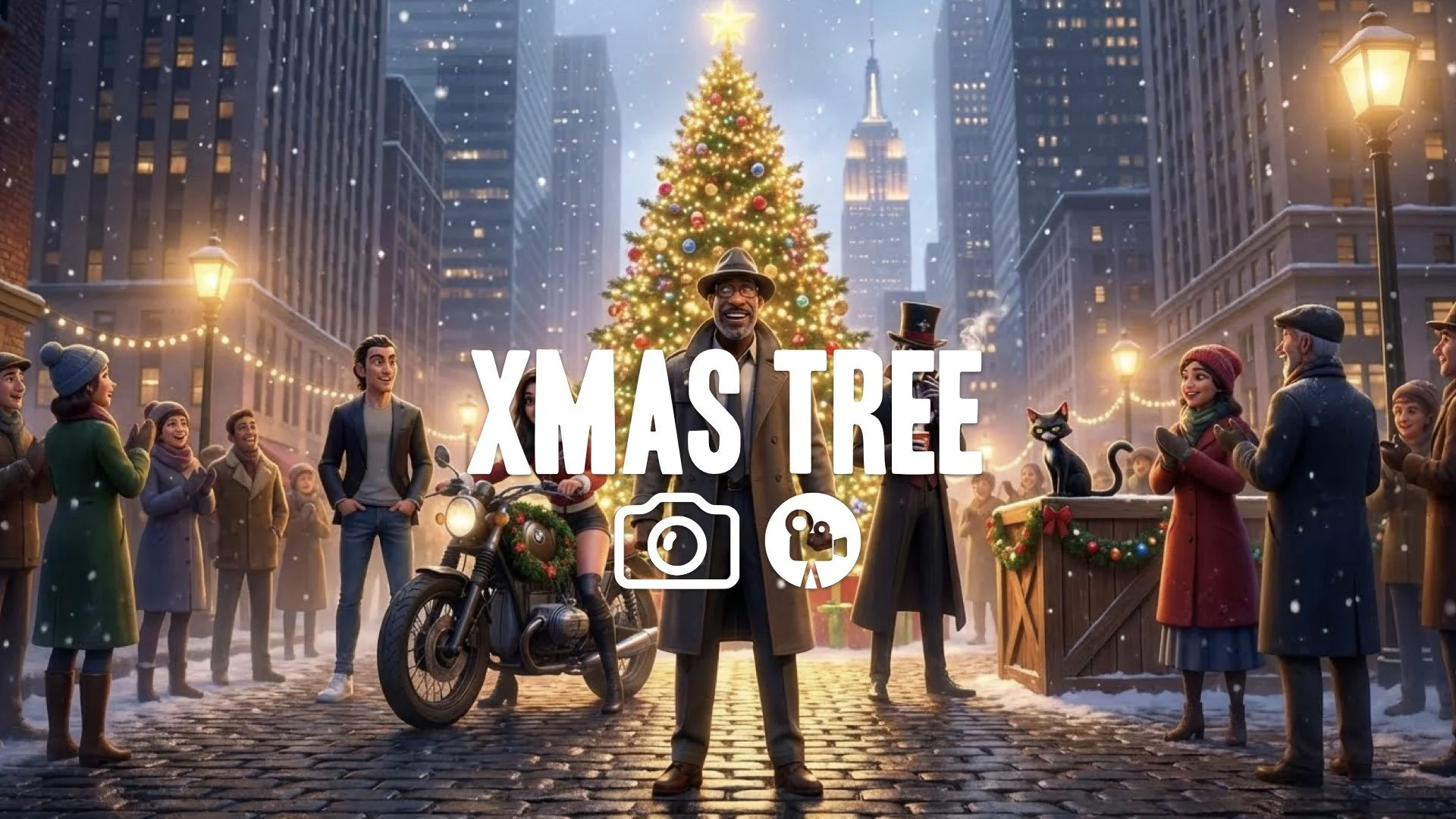 1. Girl with pink dress giant ornament reflection cute wide eyes snowy background no music