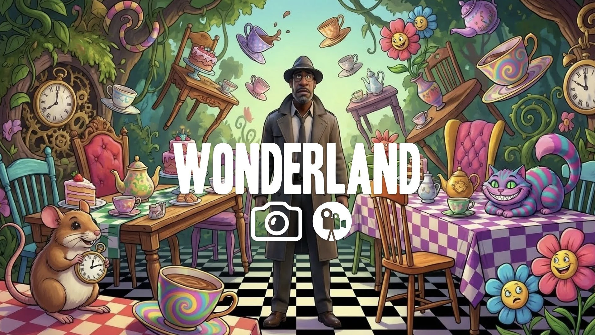 1. Mad Hatter tea party vibrant colors weird creatures floating teacups crooked table chaos no music