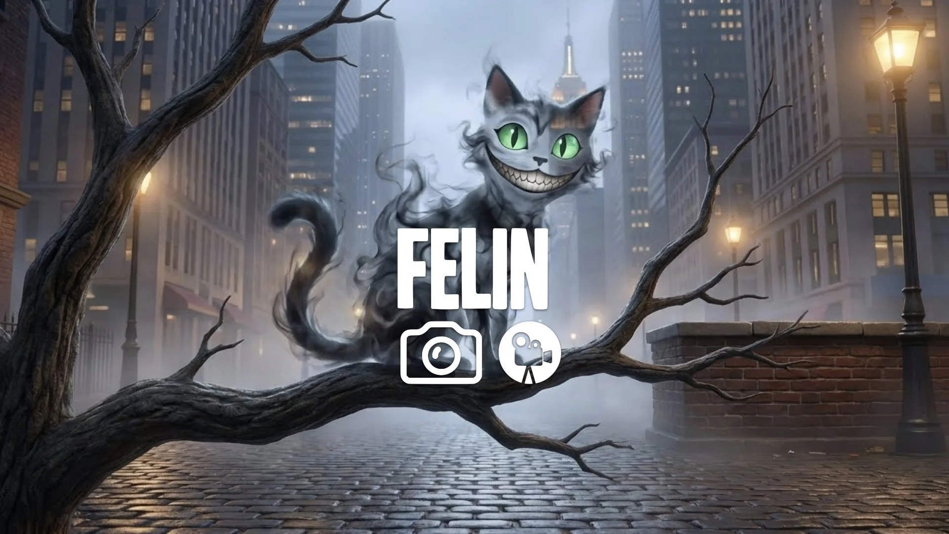 1.  Cat appearing disappearing grin floating eyes glowing smoke tree branch no music