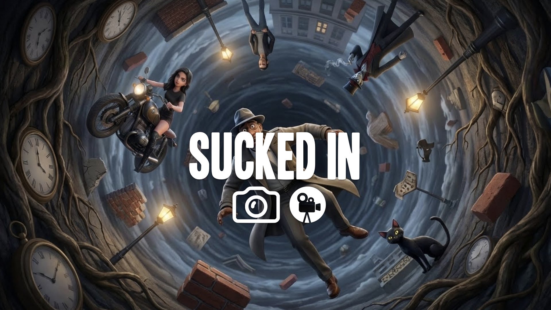 1. Hero falling down rabbit hole objects floating past surreal perspective distortion no music