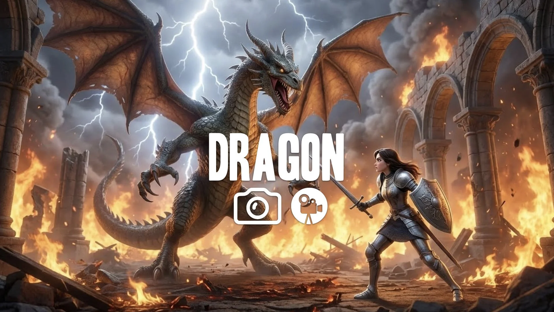 1. Dragon fighting Alice knight armor ruins fire smoke lightning epic battle no music