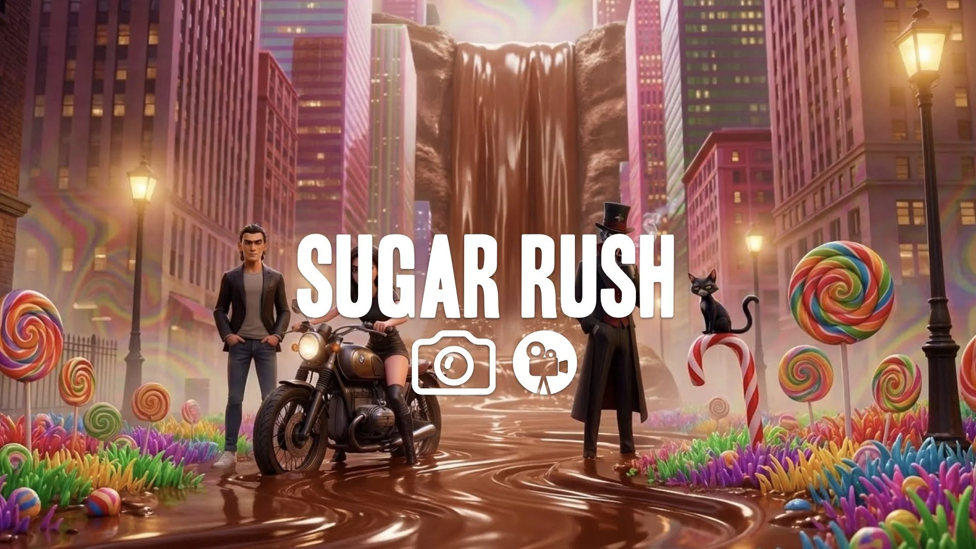 1. Chocolate river flowing waterfall brown liquid glossy texture candy grass colorful psychedelic no music