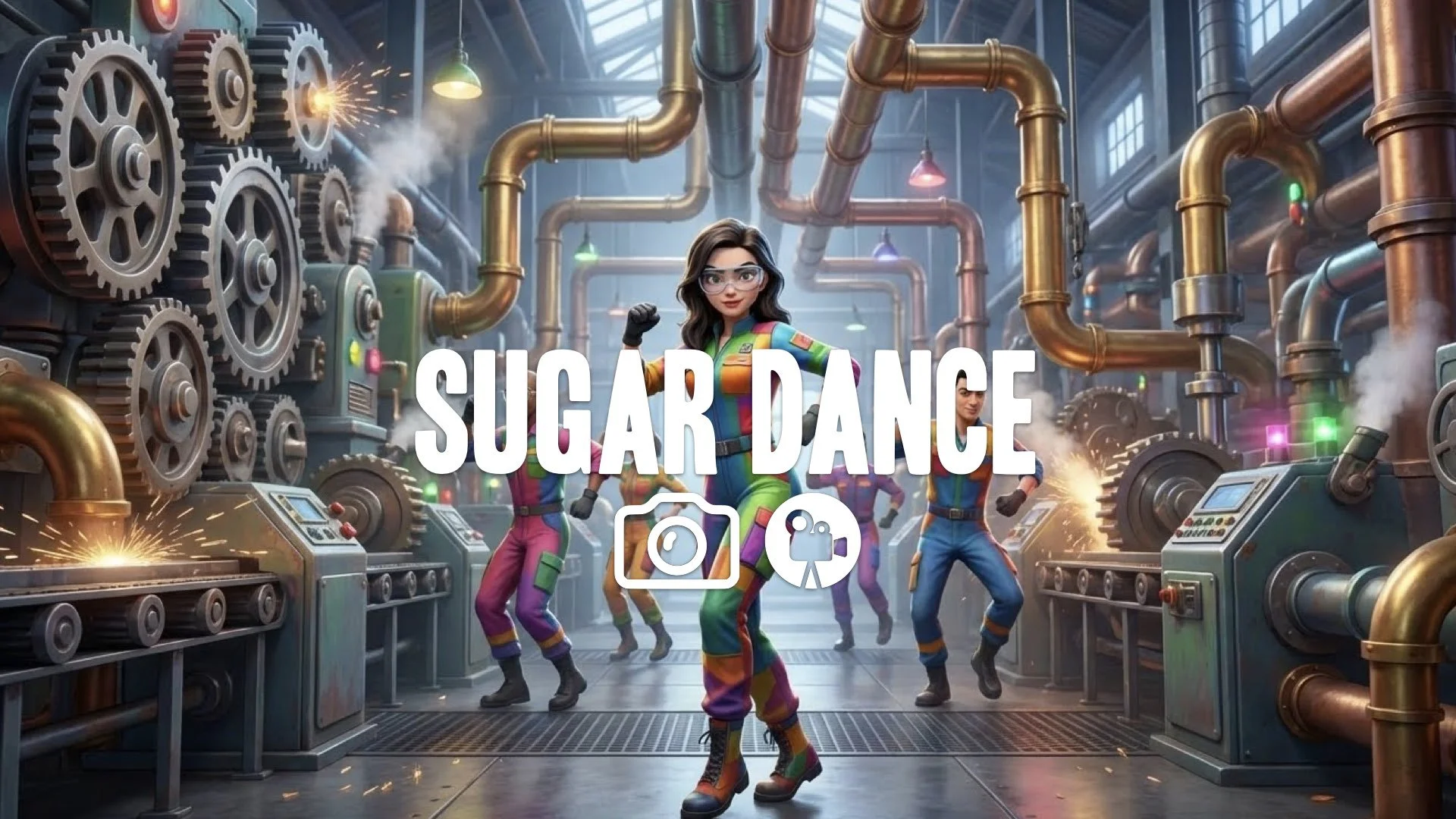 1. Girl dancing synchronized factory machinery gears pipes colorful uniforms motion no music