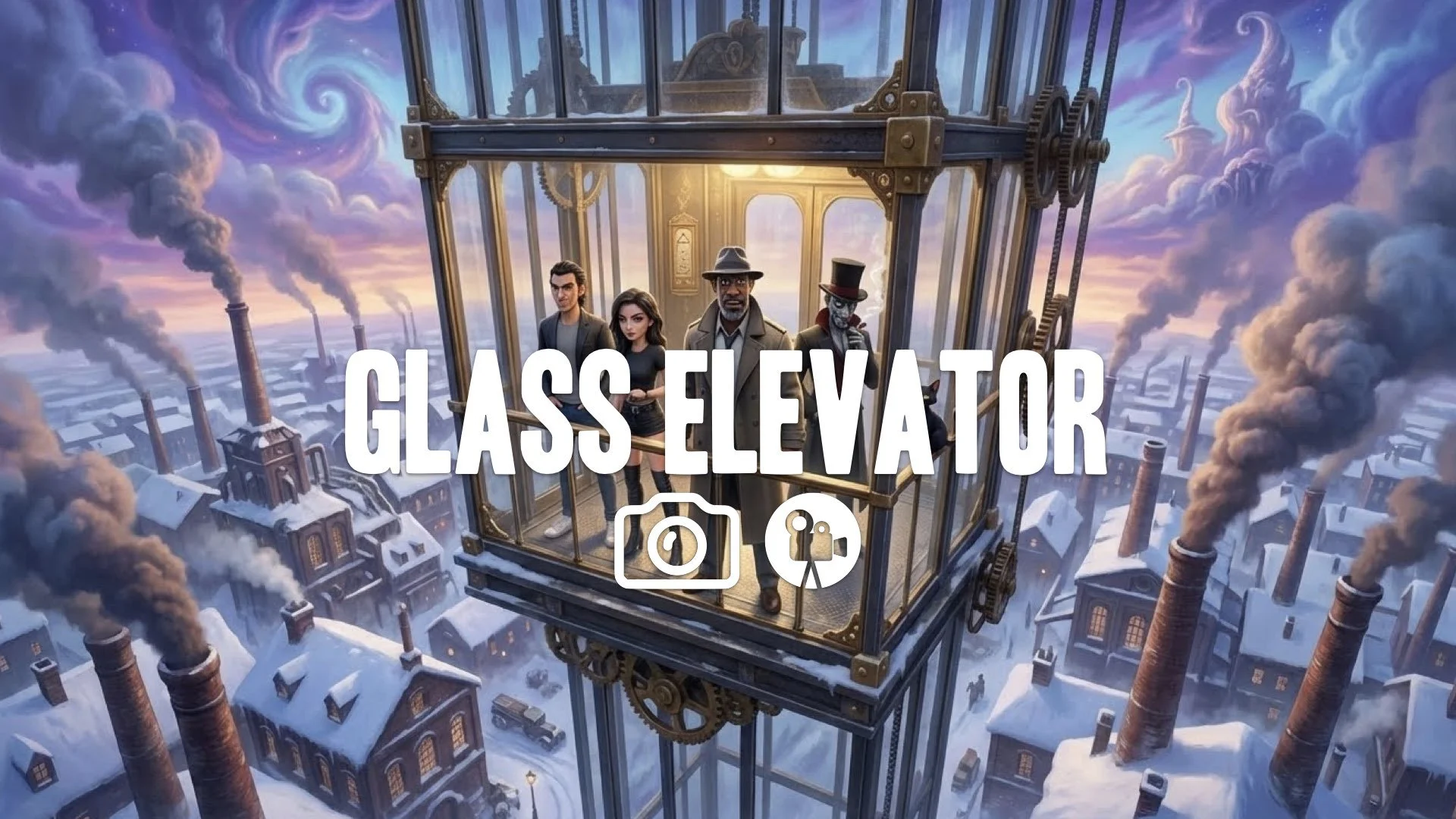 1. Glass elevator flying over factory smoke chimneys snowy town aerial view fantasy sky no music