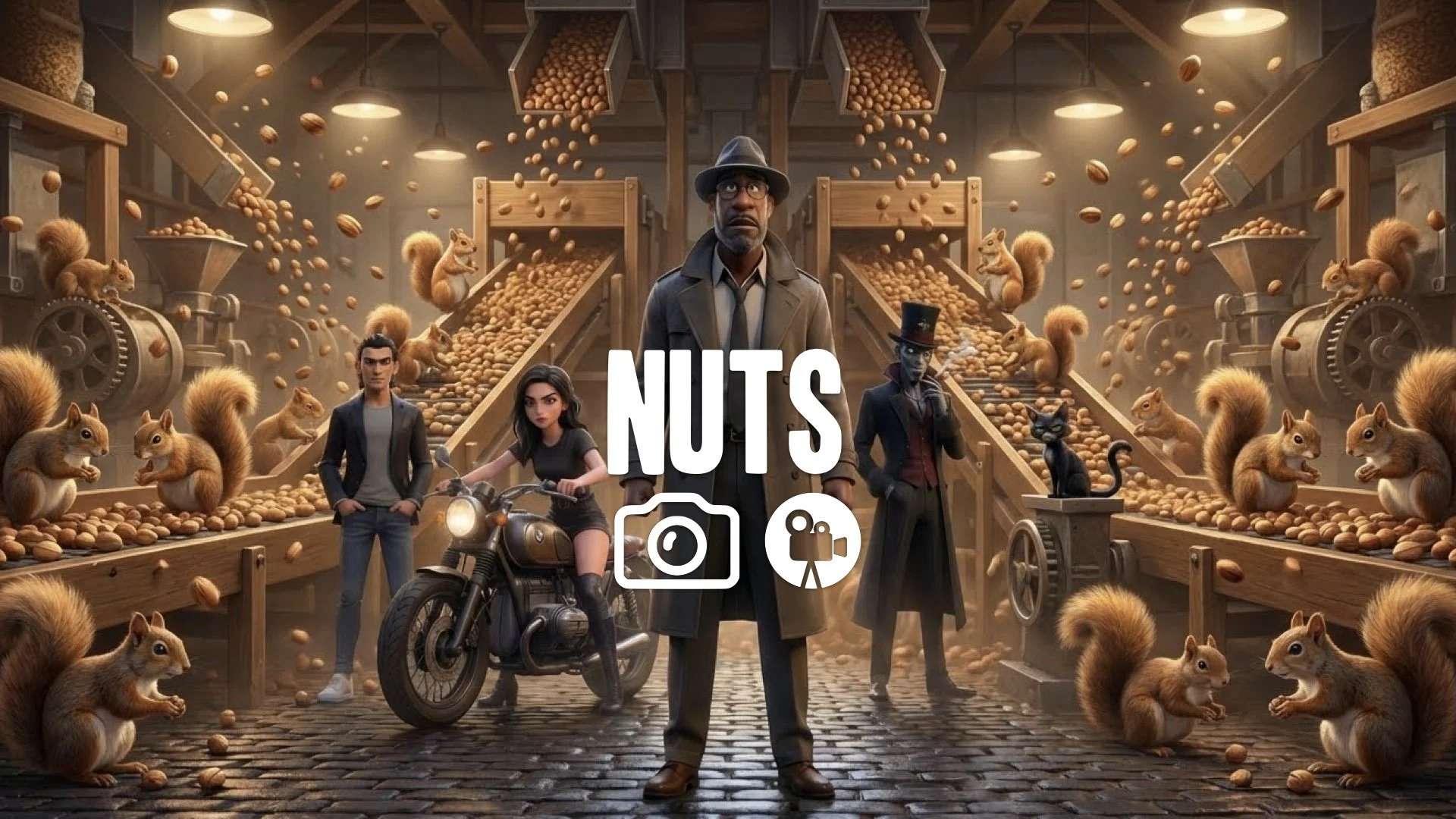 1. Squirrel room nuts falling sorting conveyor belt fur texture dynamic movement symmetry no music