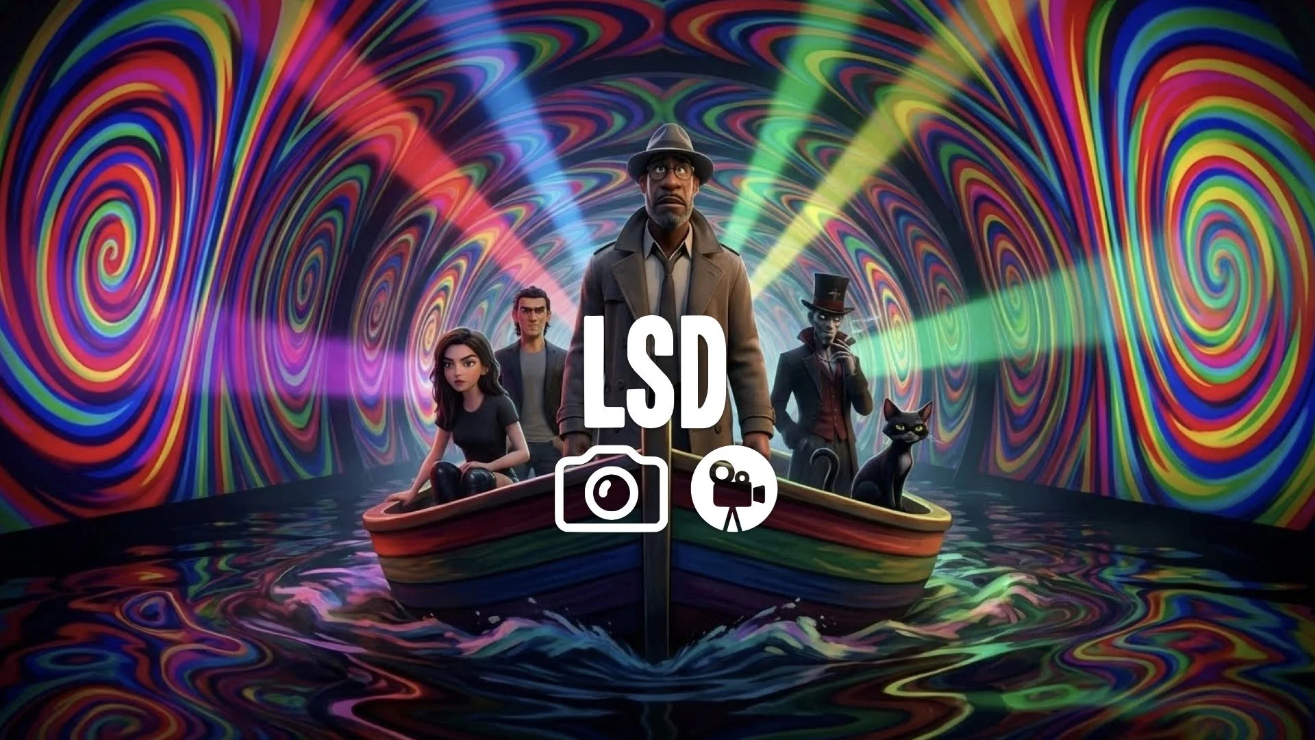 1. Wonka boat ride tunnel psychedelic lights spinning colors swirling water trippy visual no music