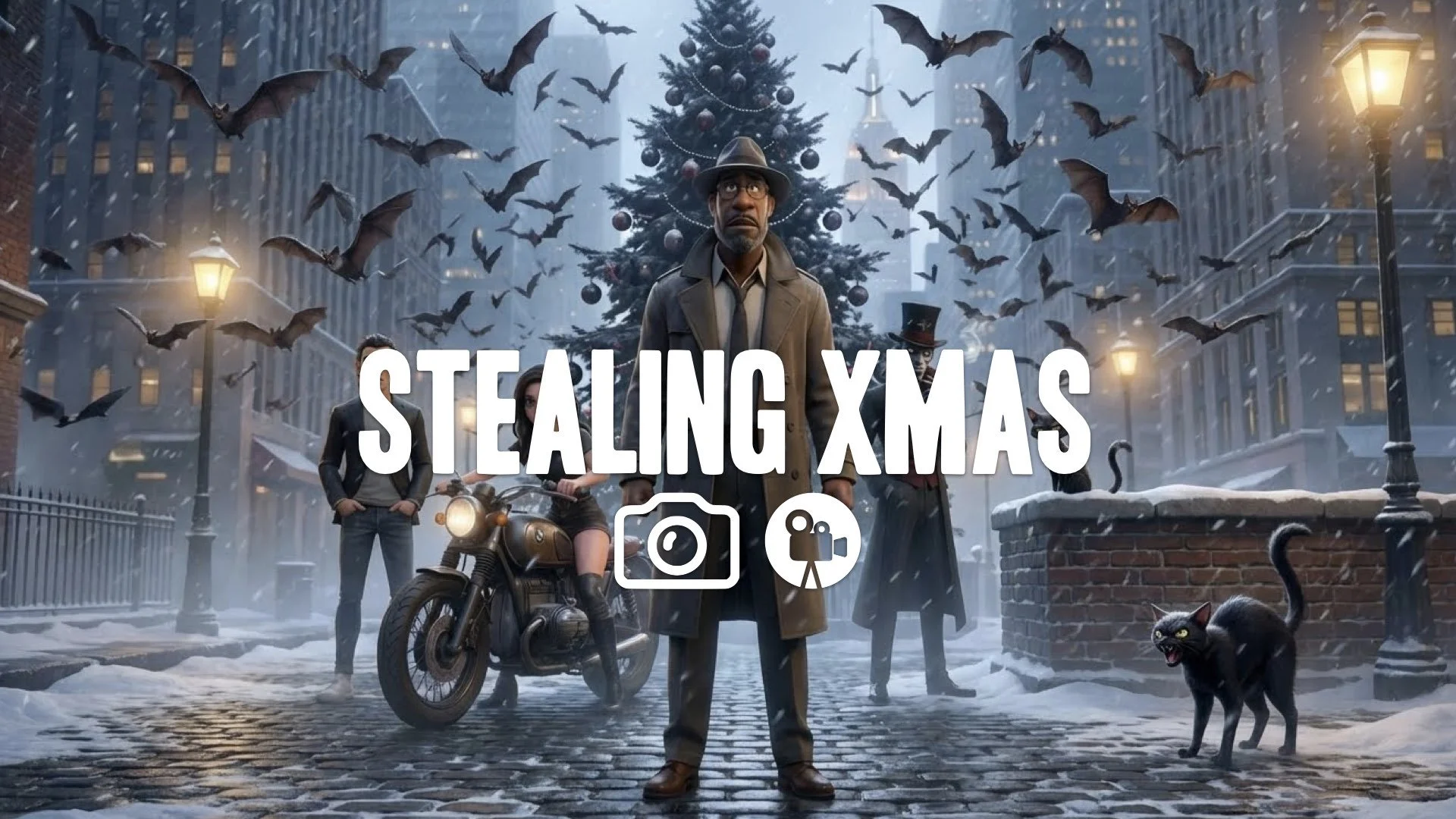 1.  Plaza christmas tree bats flying swarm panic snow storm gothic winter night no music