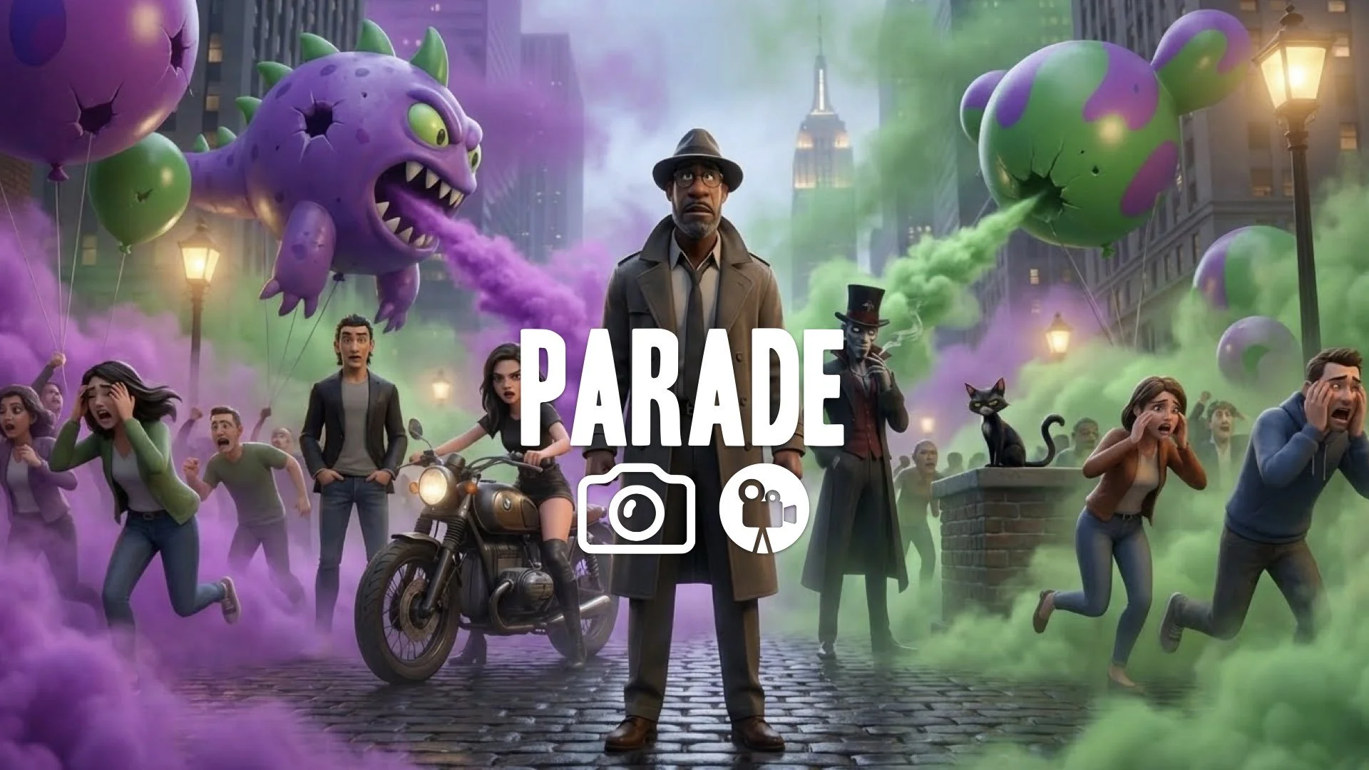 1.  parade balloons giant float gas spraying crowd panic purple green colors chaos no music