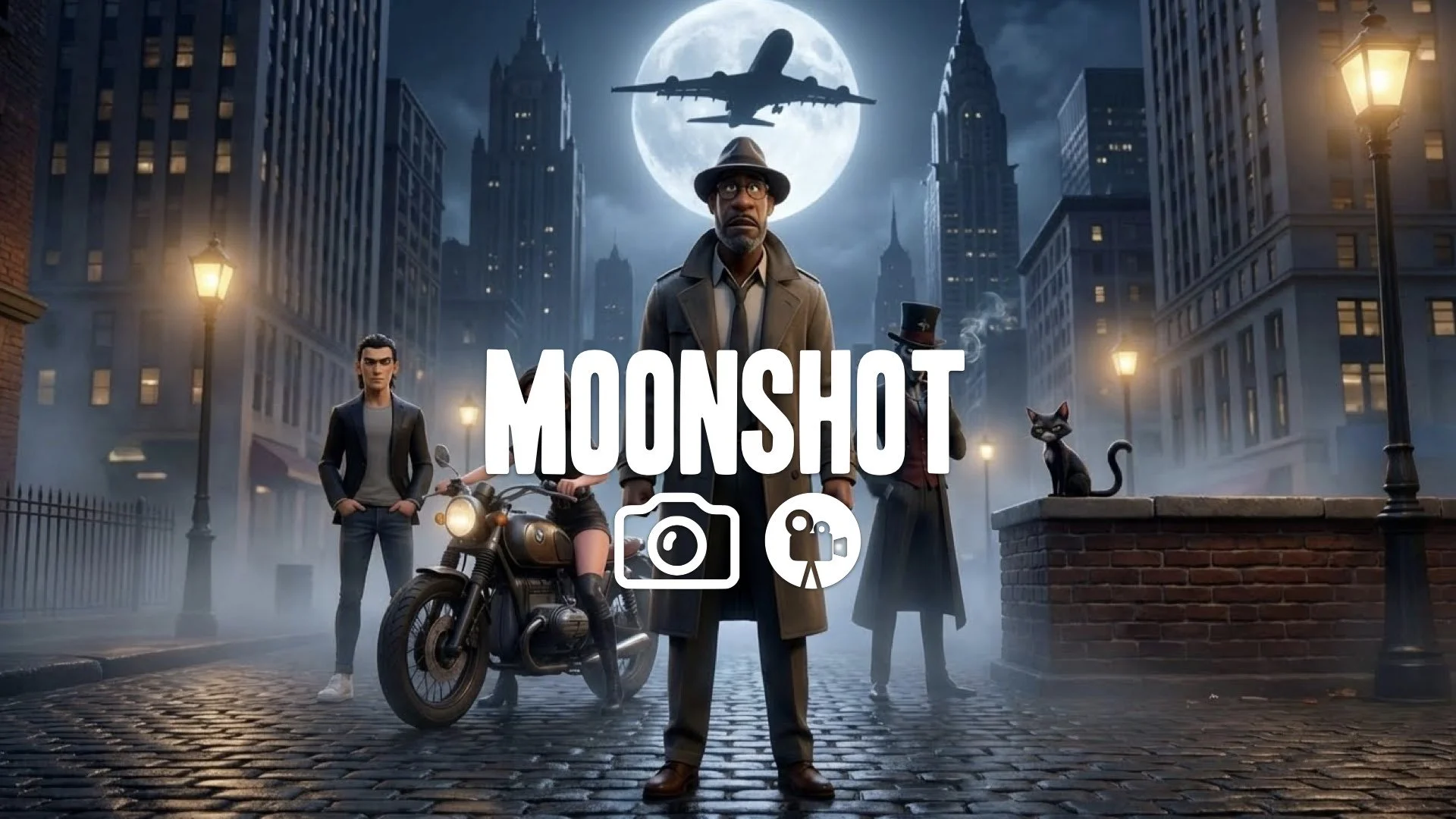 1. Plane flying front of moon silhouette night gotham city gothic architecture fog atmosphere no music