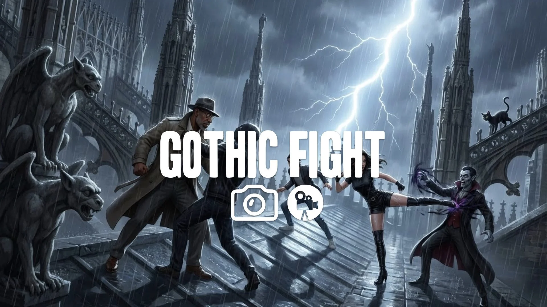1. Cathedral rooftop fight stone gargoyles rain falling lightning flash dark shadows contrast no music