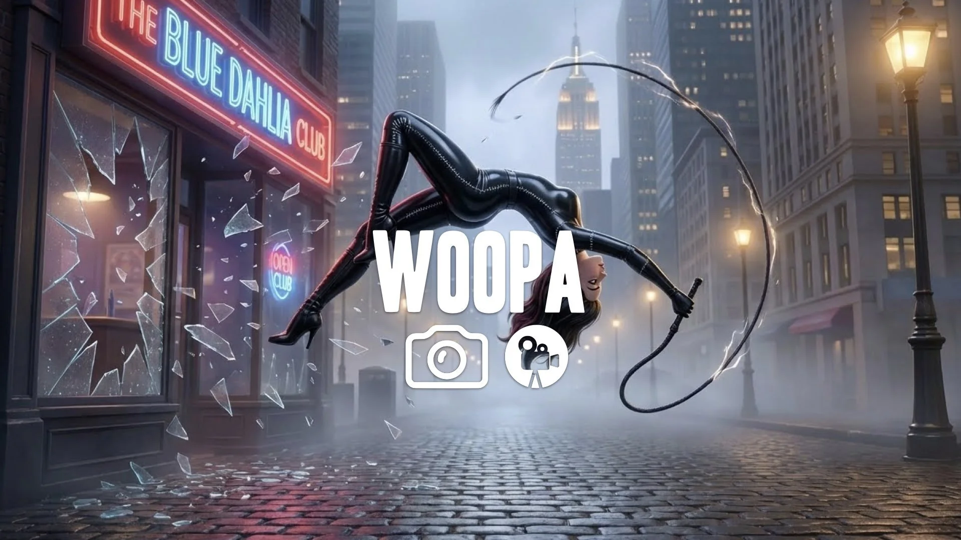 1. Girl backflip shiny latex suit stitching neon sign breaking glass whip crack action no music