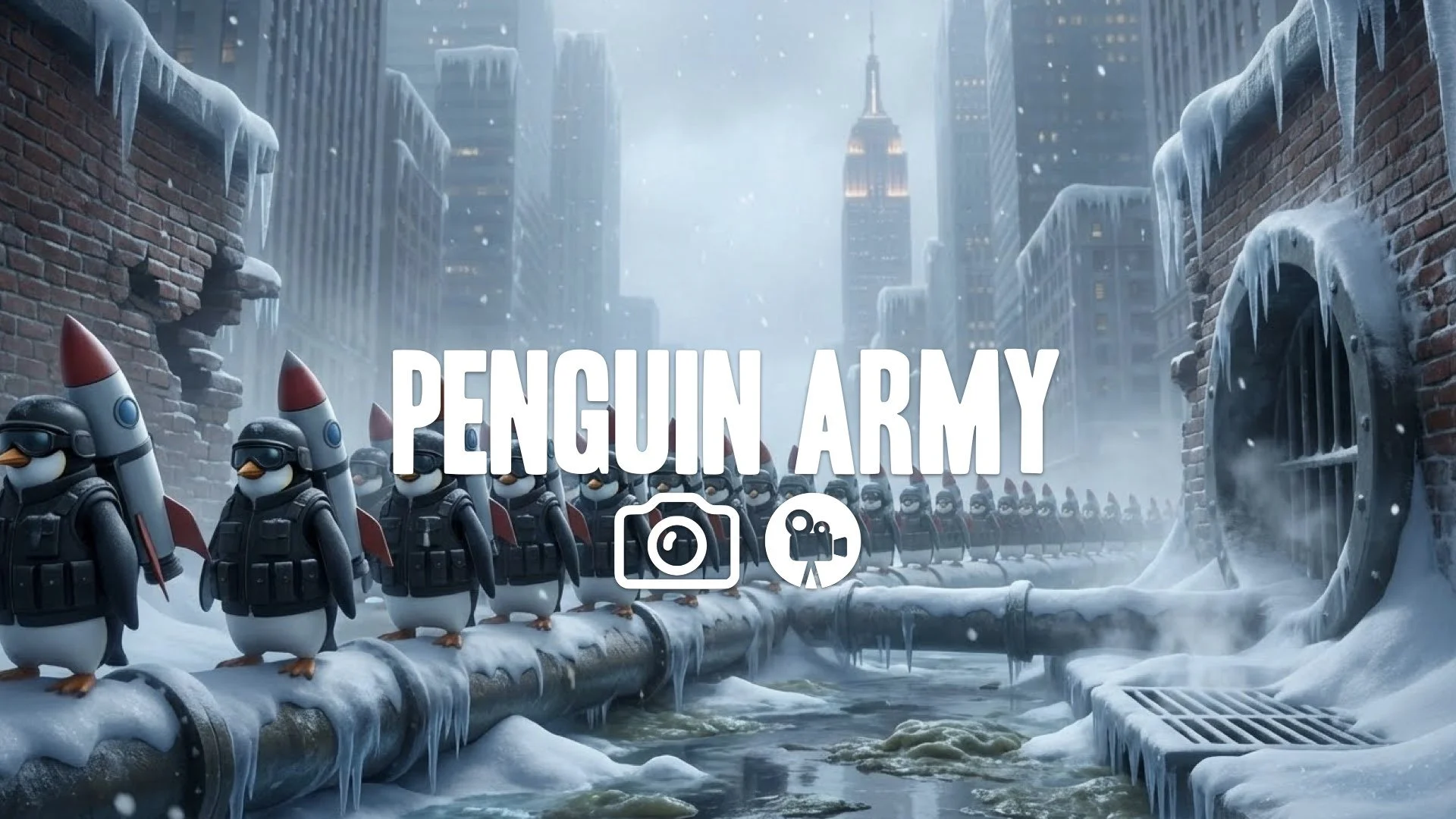 1. Villain commando penguins rocket on back snowy sewer ice marching army surreal weird no music