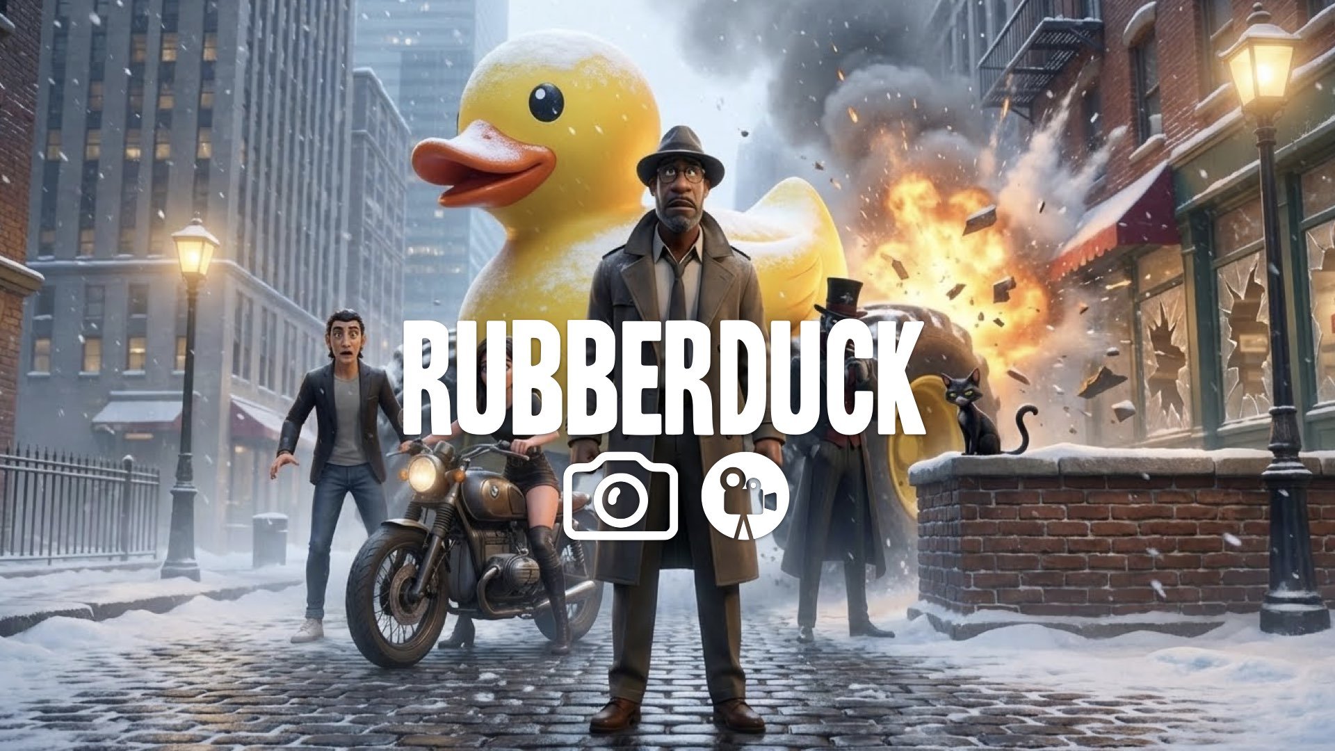 1. Giant rubber duck vehicle rolling street chaos explosion storefront shattering winter snow no music