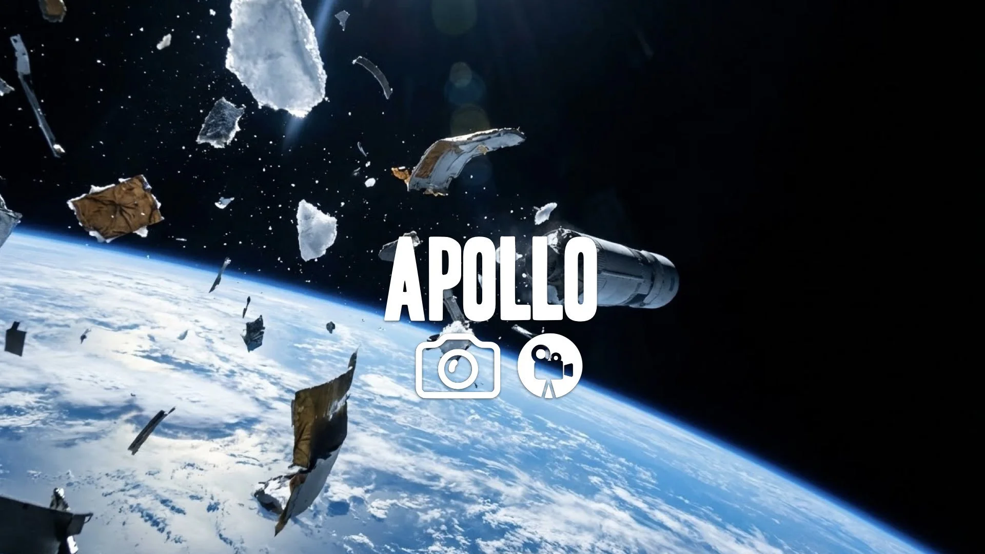 1. Rocket stage separation debris ice floating space black background earth curve blue cinematic no music