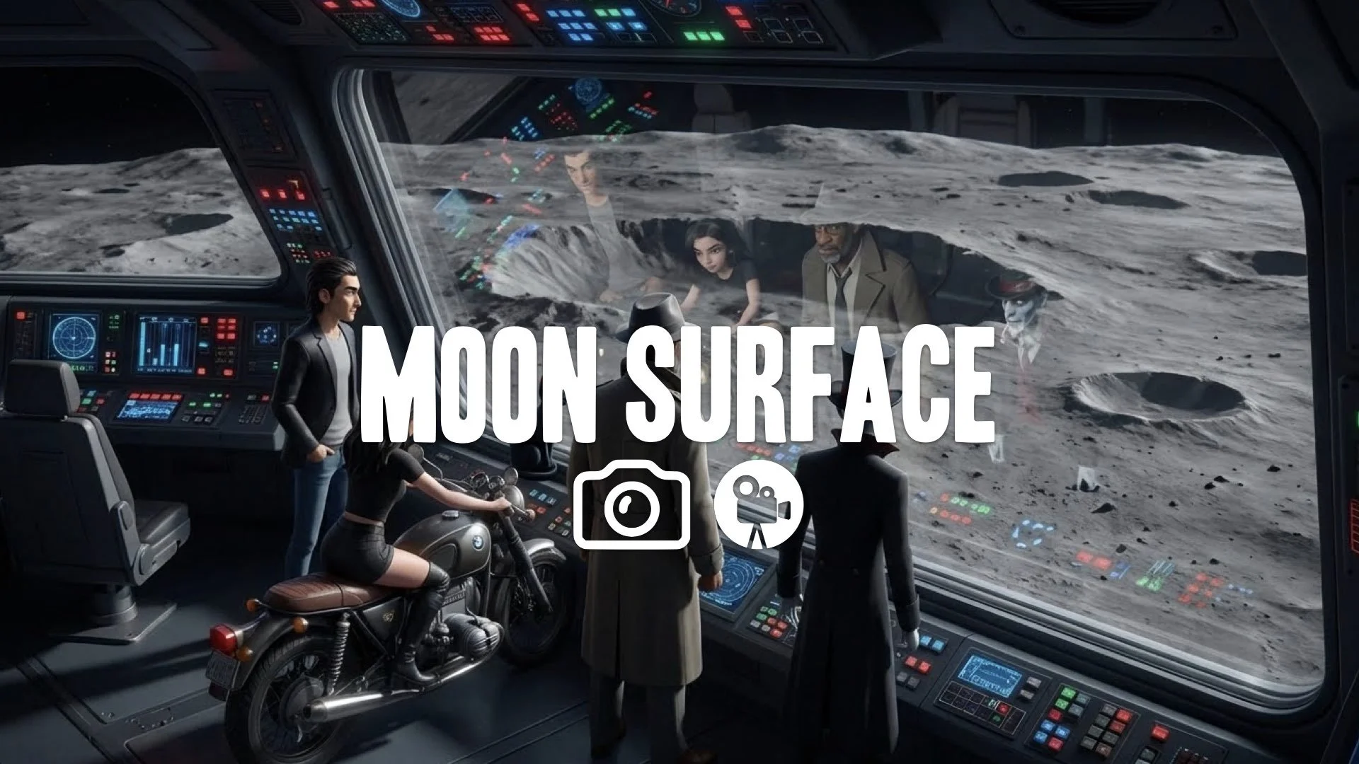 1. Moon surface grey craters desolate orbit view window reflection instrument panel lights no music