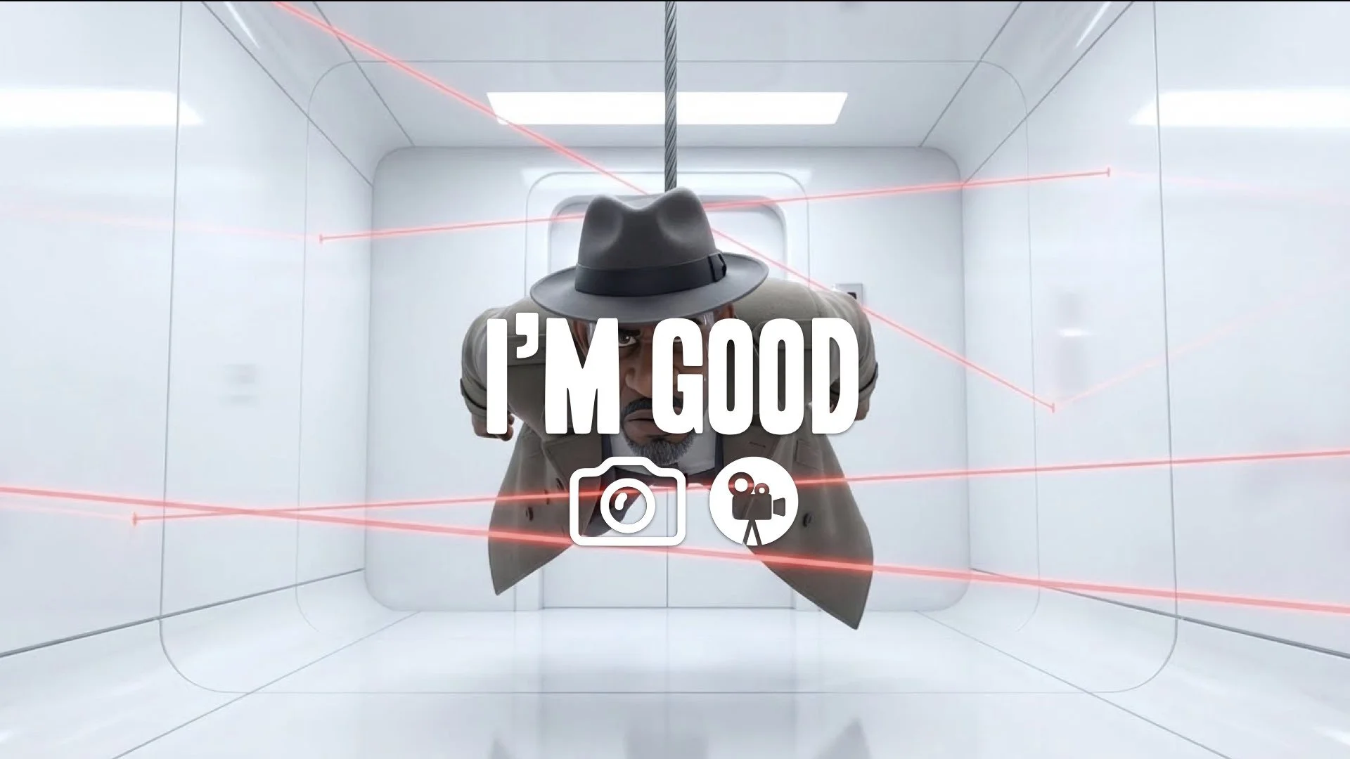 1. Agent hanging by wire in stark white secure vault sweat drop falling intense tension lasers no music