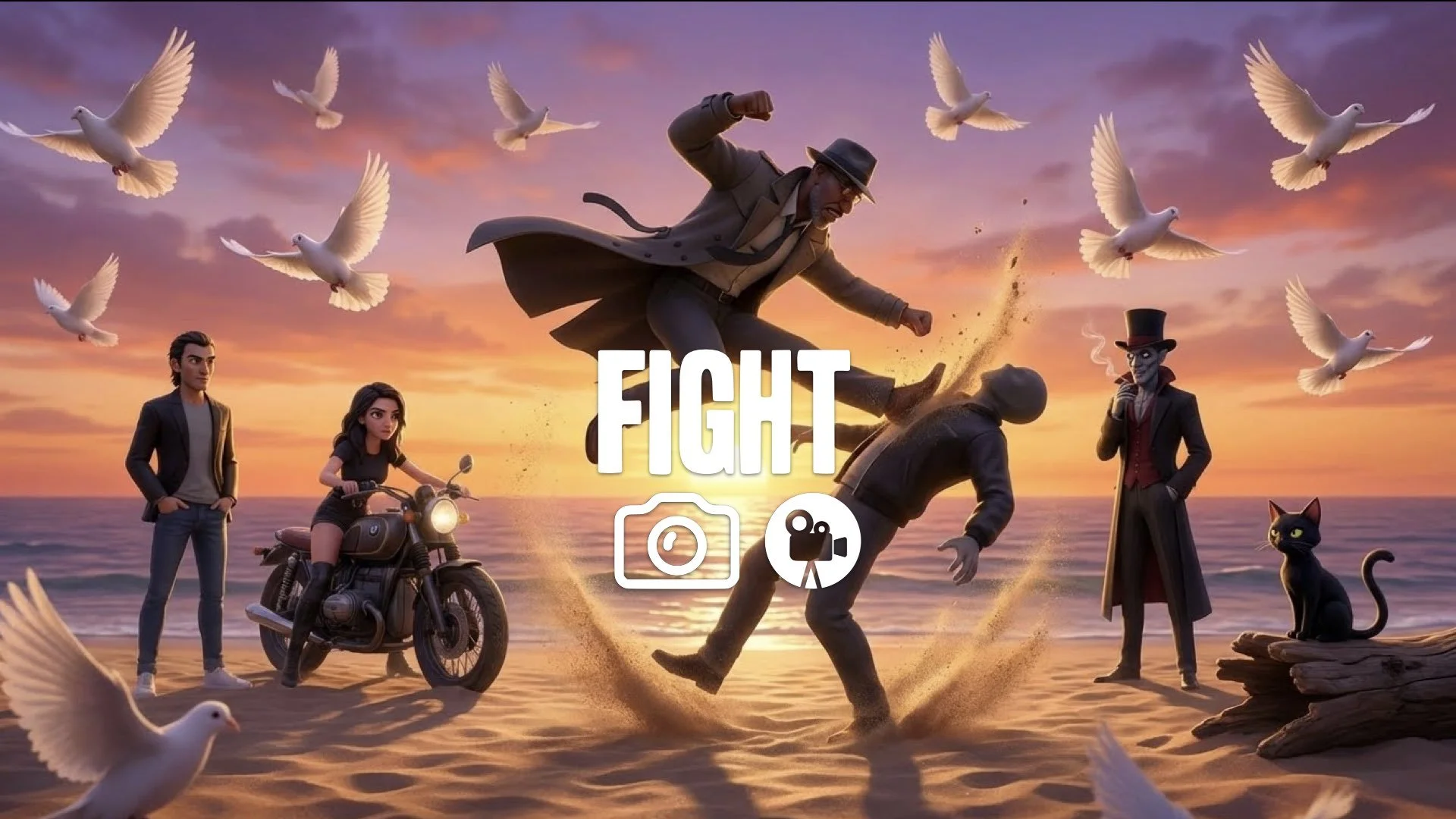 1. Agent flipping over enemy on sandy beach slow motion kick white doves flying sunset no music